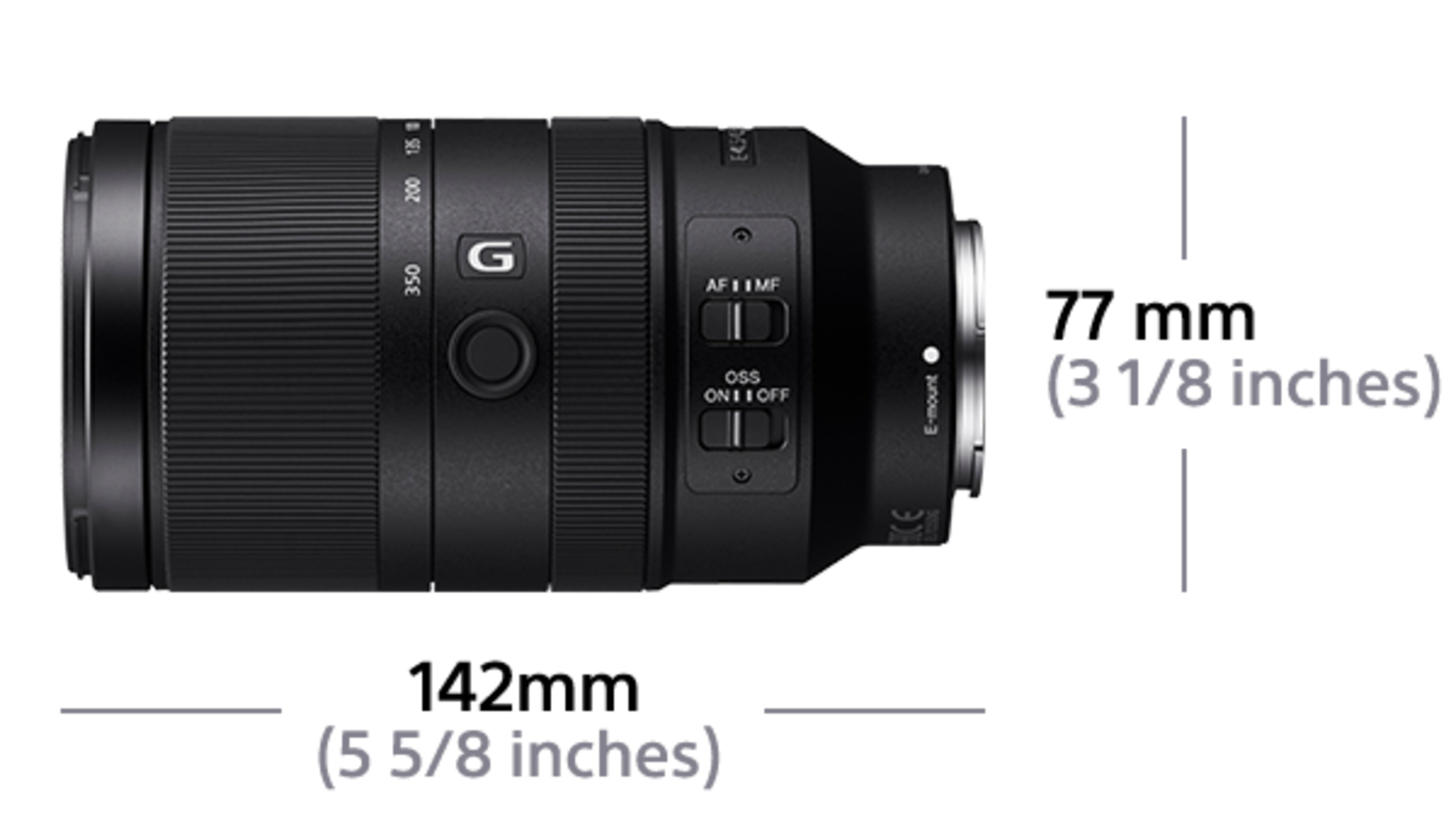 Czarny obiektyw aparatu z białym tekstem i wymiarami na białym tle.