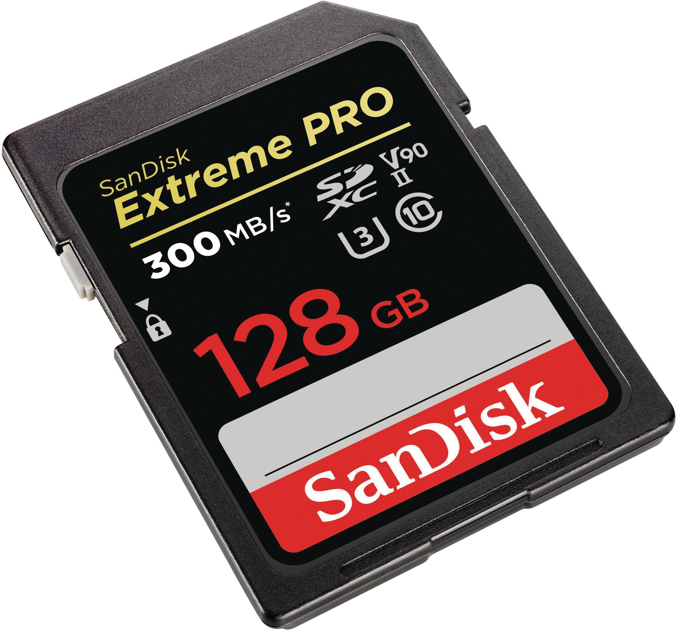 Scheda SD SanDisk Extreme PRO nera, 128 GB, con etichetta rossa e bianca.