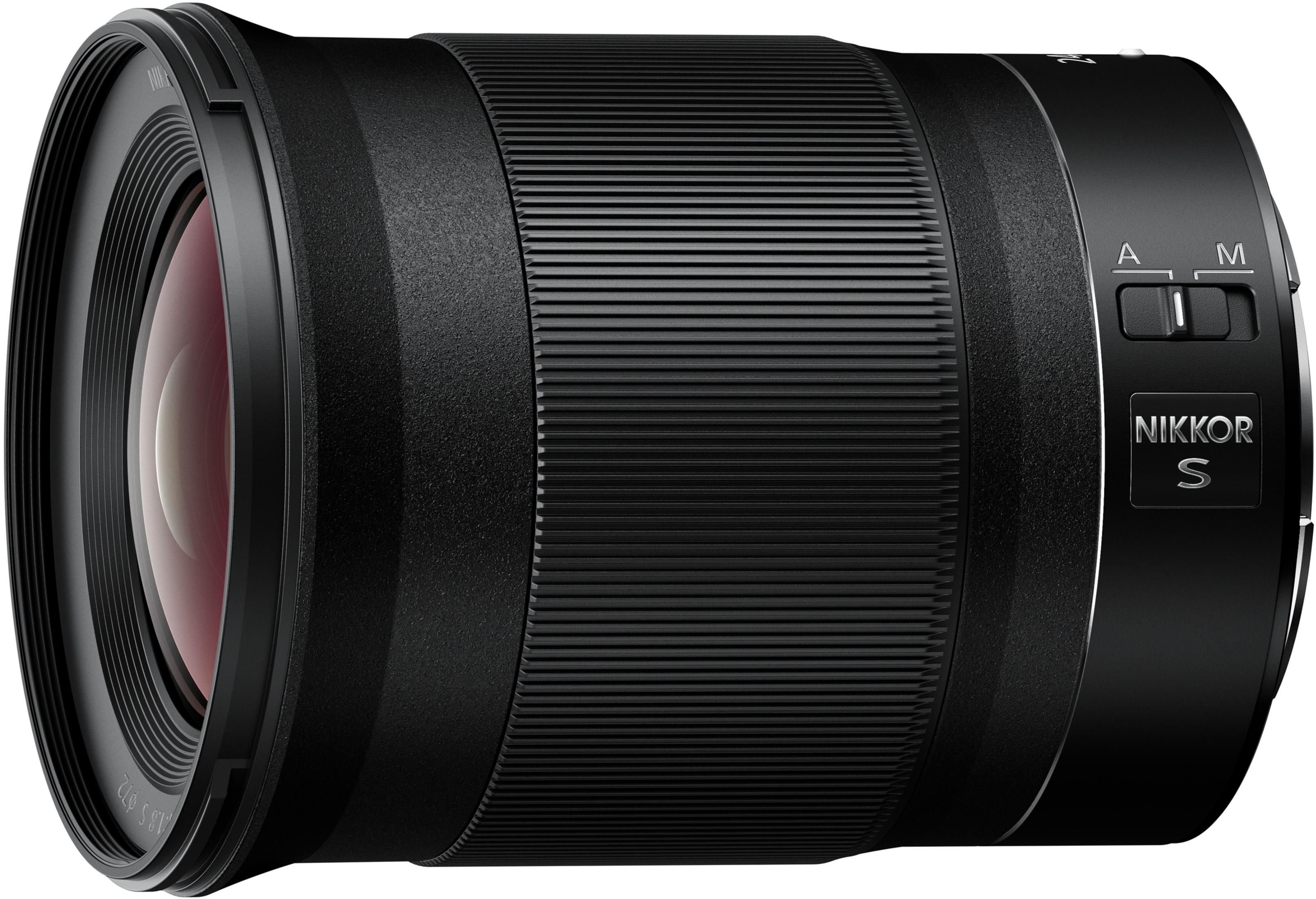 Obiettivo Nikkor nero con lente interna rossa, su sfondo bianco.