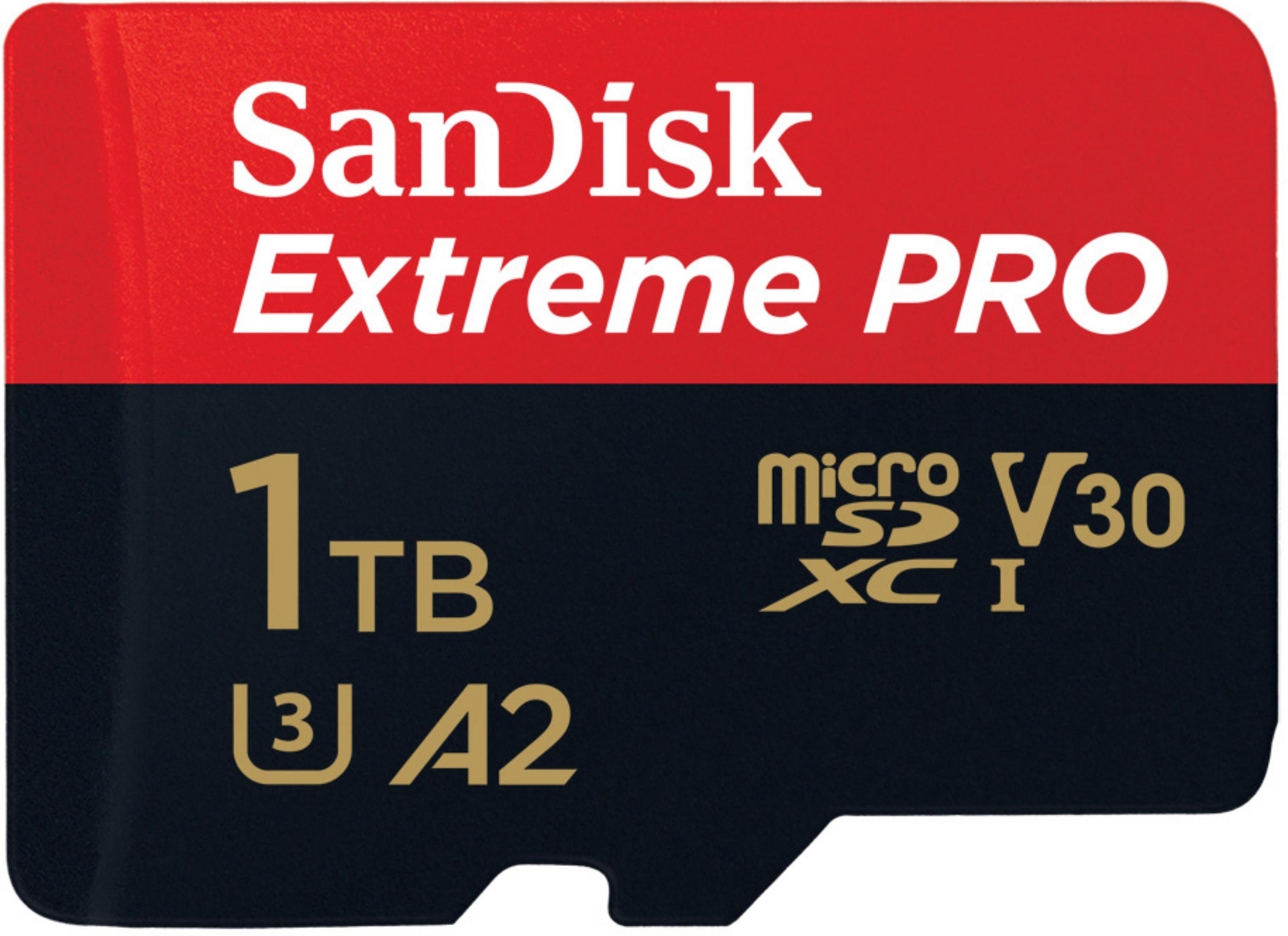 SanDisk Extreme Pro microSD-Karte, schwarz und rot, mit Text, auf Weiß.