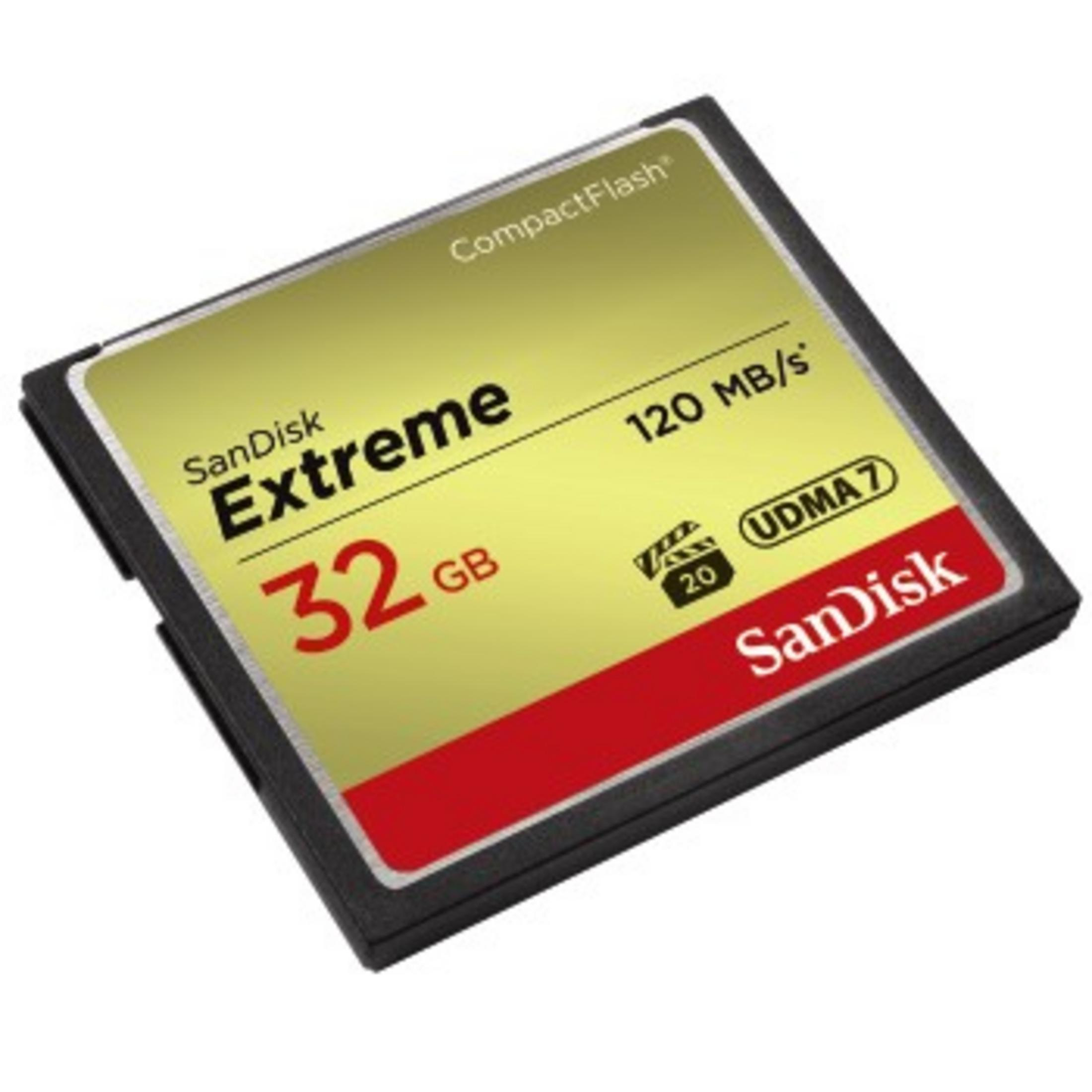 A SanDisk Extreme CompactFlash card. It has red and gold colors and displays '32 GB'.