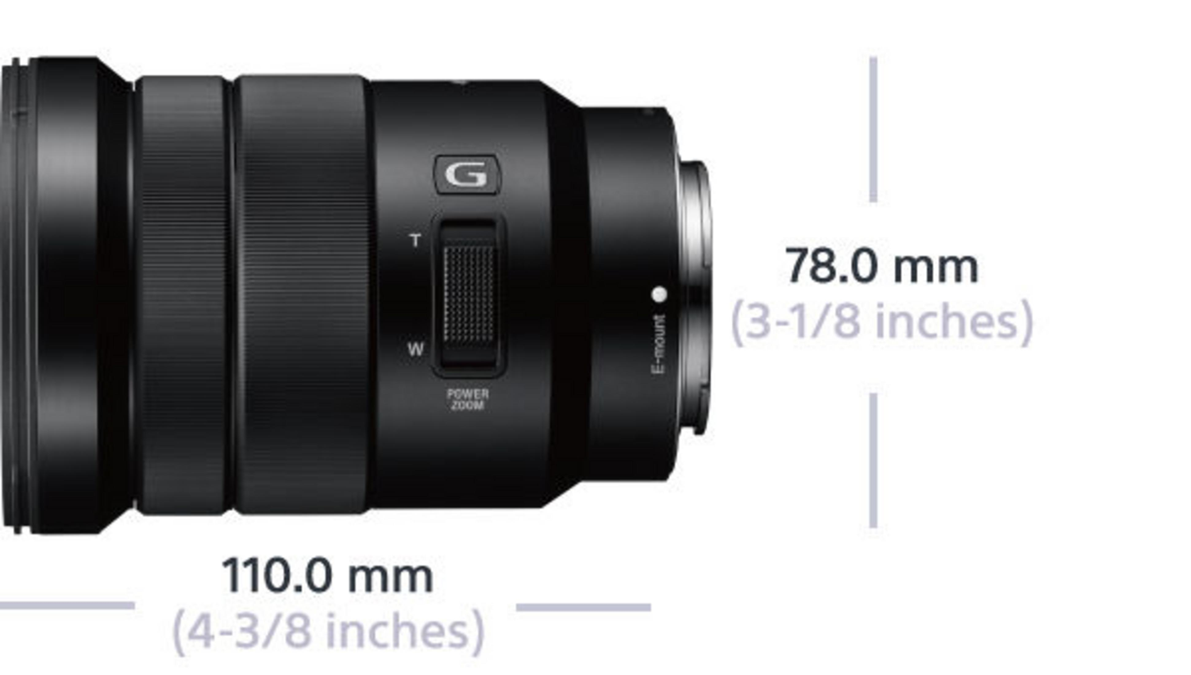 Lente de cámara negra con dimensiones: 110,0 mm y 78,0 mm.