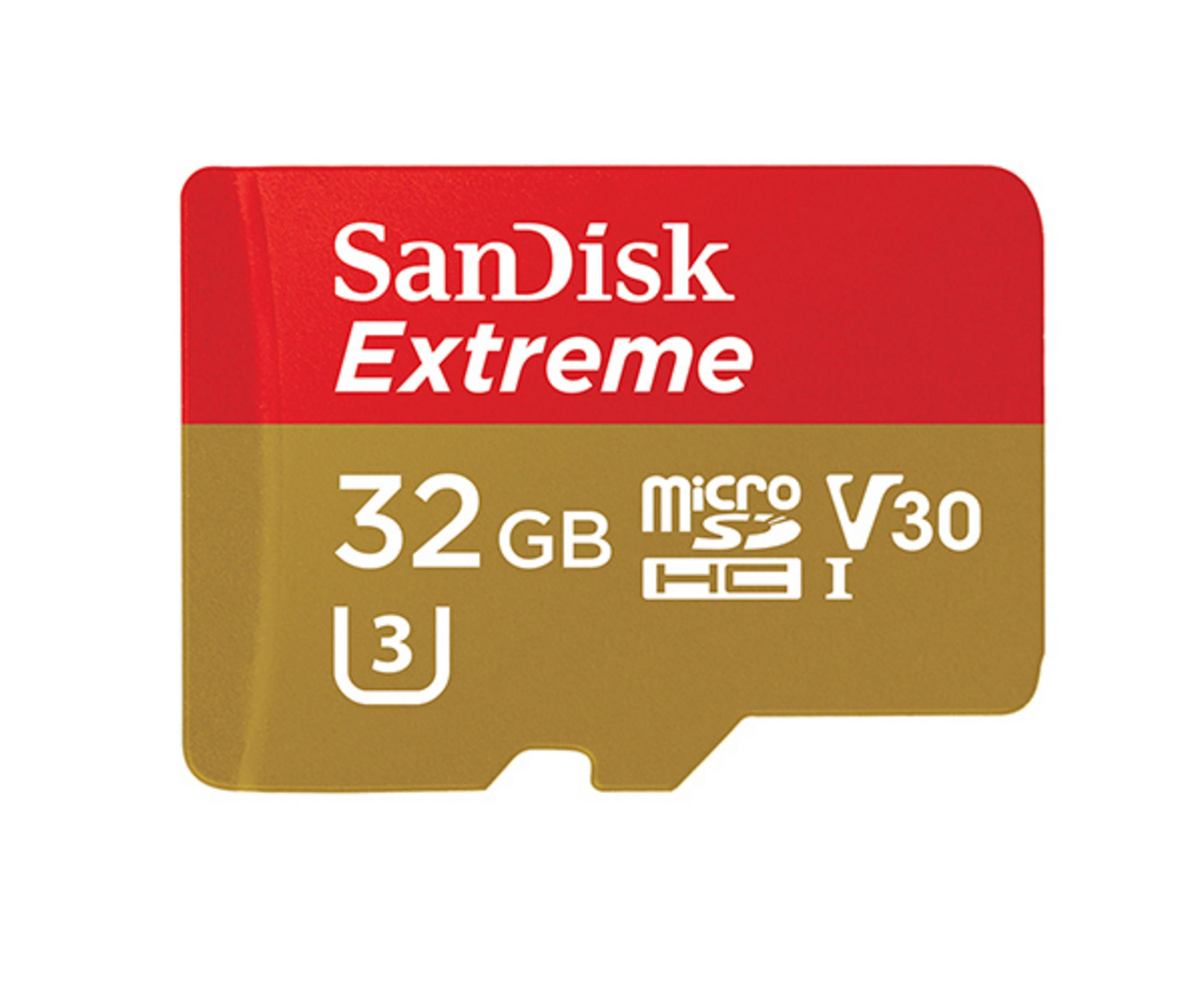 Scheda micro SD Sandisk Extreme 32GB rossa e oro. Testo: Sandisk Extreme, 32GB, micro SD.