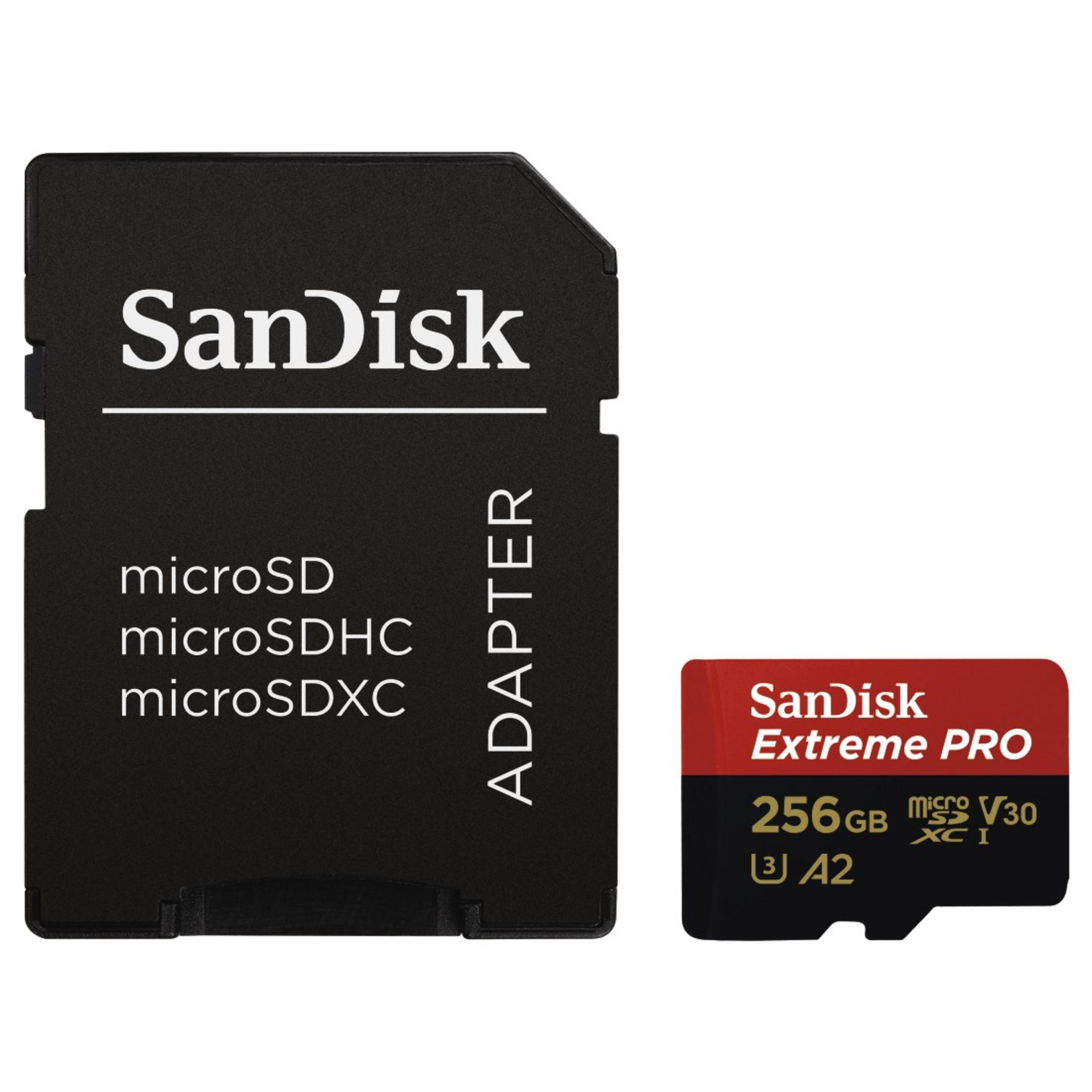 Paquete de tarjeta SD y adaptador SanDisk, negro y rojo, con texto blanco.