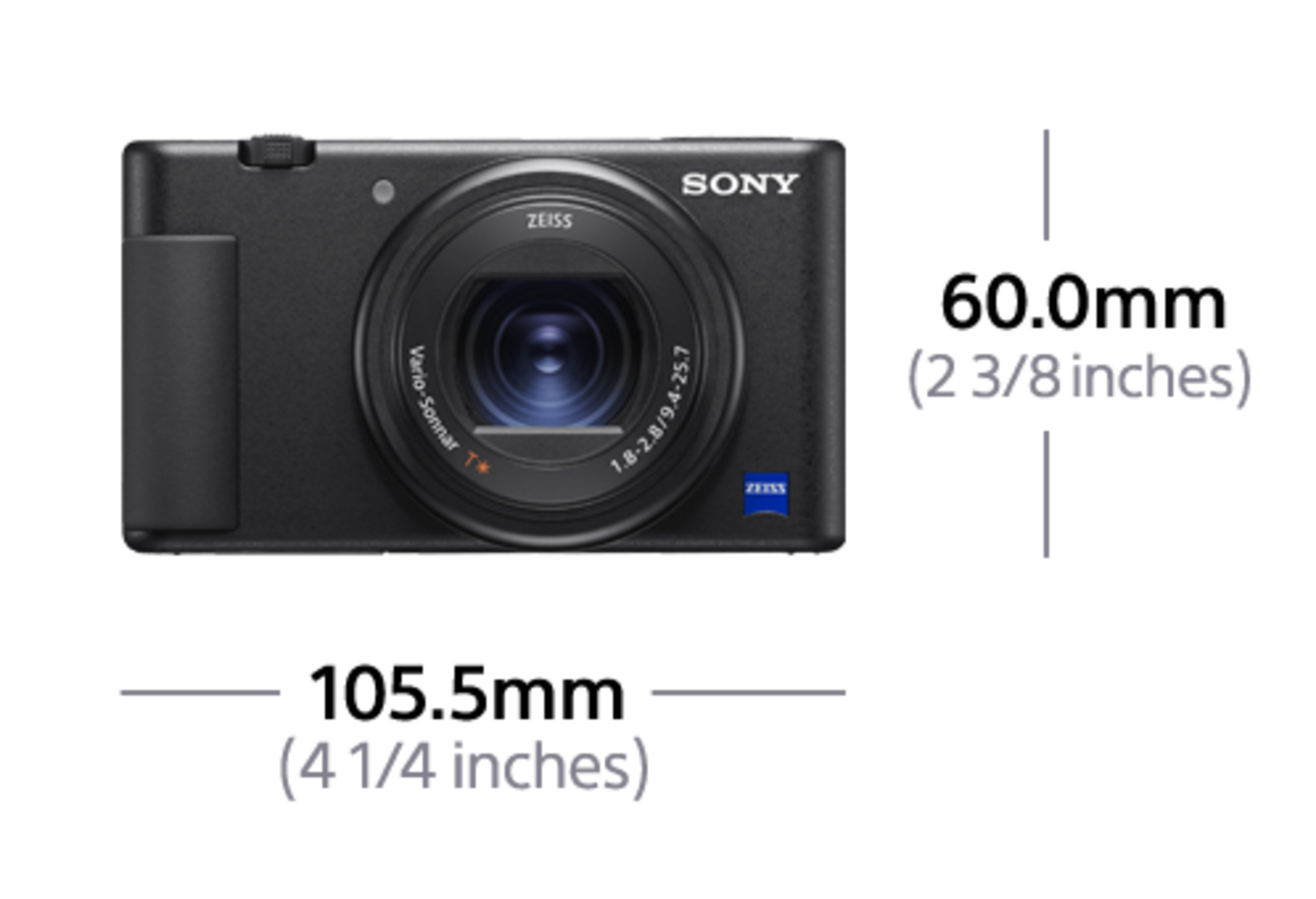 Czarny aparat Sony z wymiarami. To kompaktowy aparat z obiektywem i uchwytem.