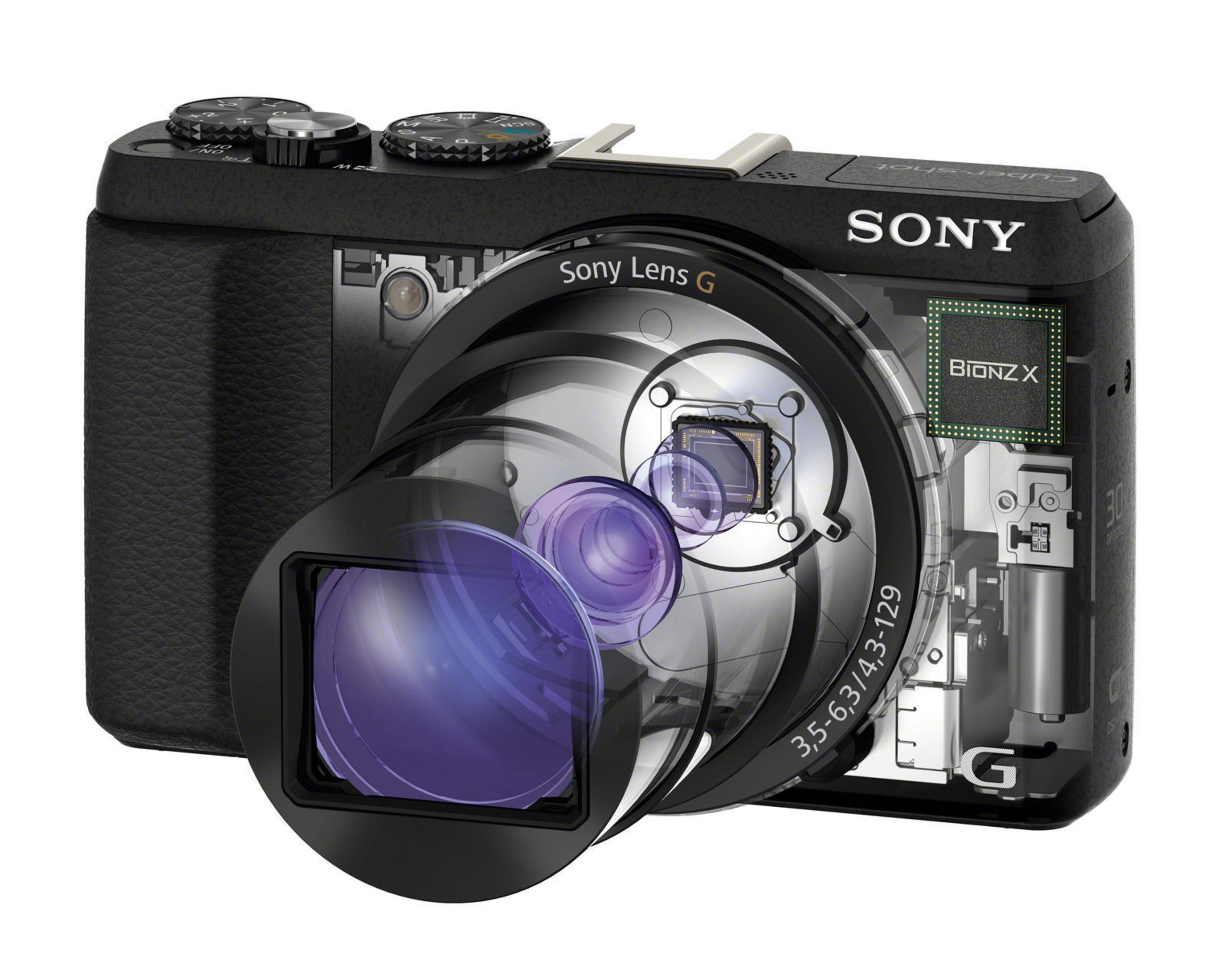 Schwarze Sony Kamera, Schnittansicht zeigt Objektiv, interne Komponenten und Sony Logo.