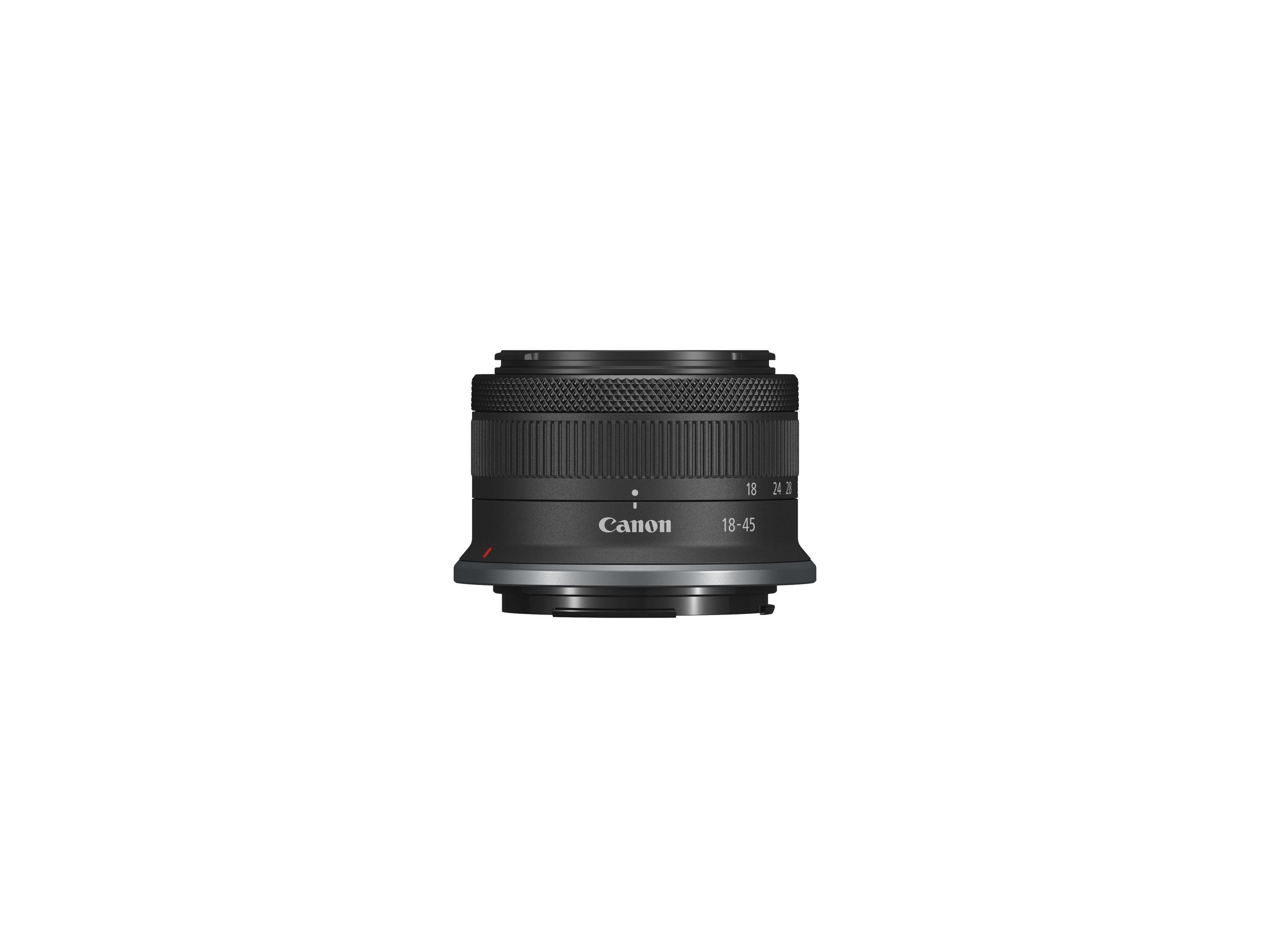 Canon 18-45mm Kameraobjektiv. Schwarz und Silber, mit Zahlen und Canon-Logo.
