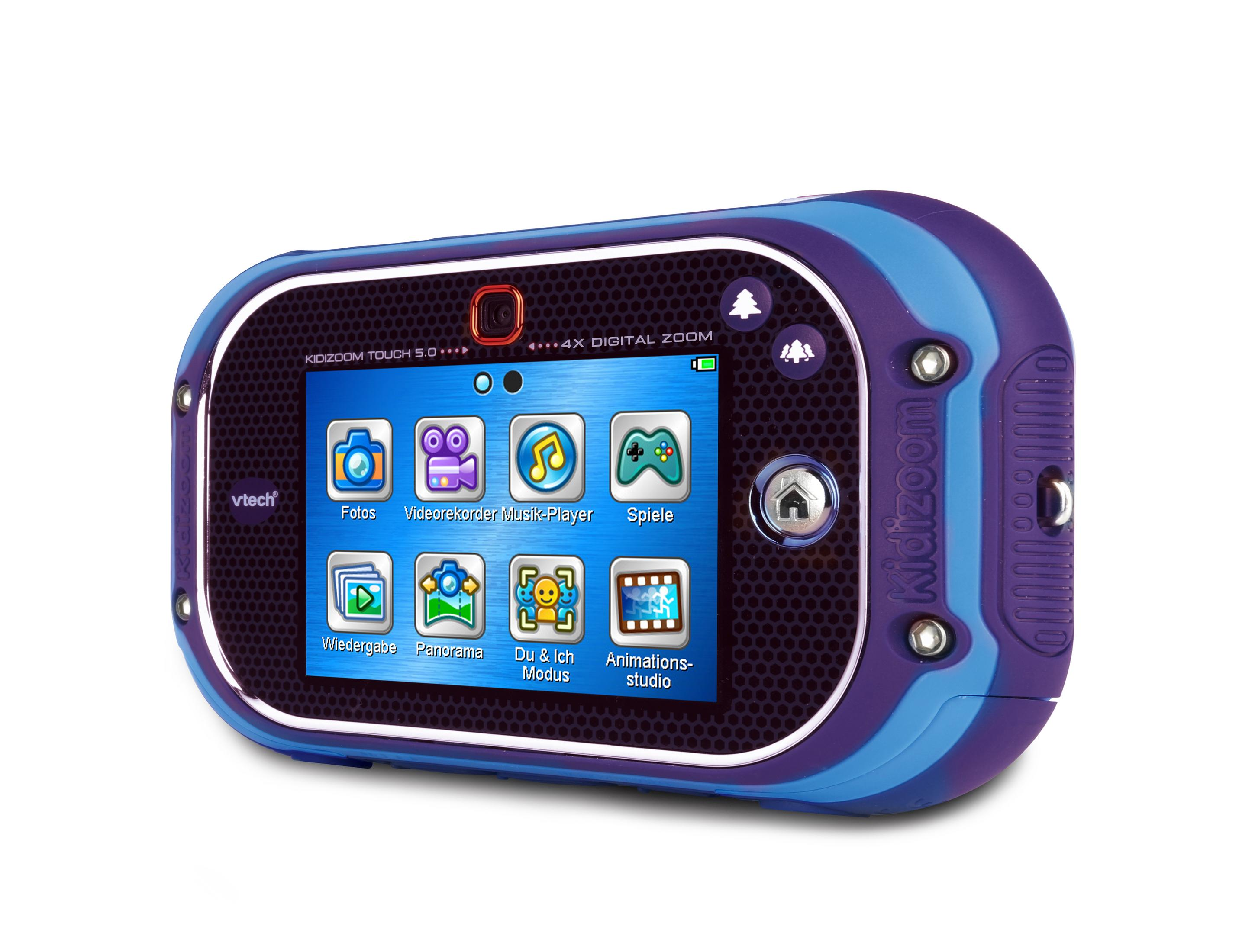 Eine lila-blaue Kidizoom Touch 5.0 Kamera mit Touchscreen, auf weißem Hintergrund.