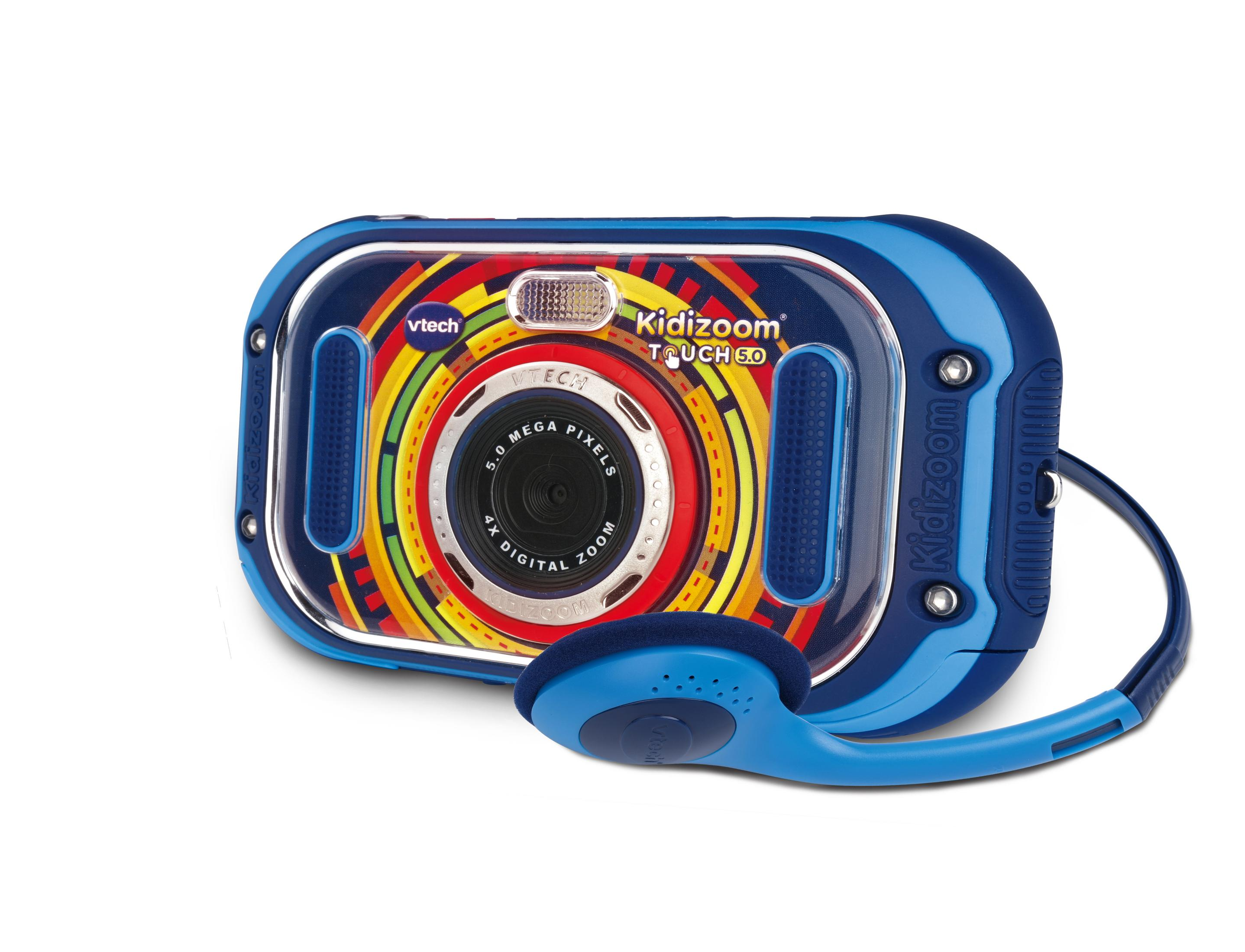 Eine blaue und gelbe Kidizoom-Kamera mit blauem Headset. Die Kamera hat eine große Linse und Knöpfe.
