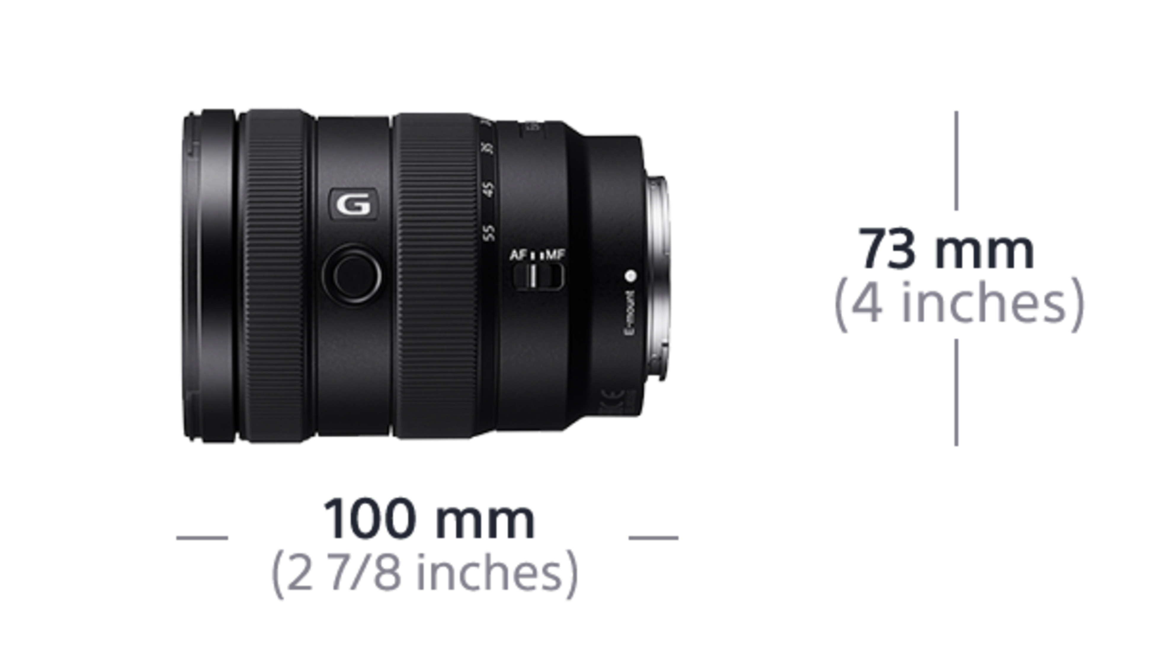 Lente de cámara negra con medidas. Tiene 100 mm de ancho y 73 mm de alto, fondo blanco.