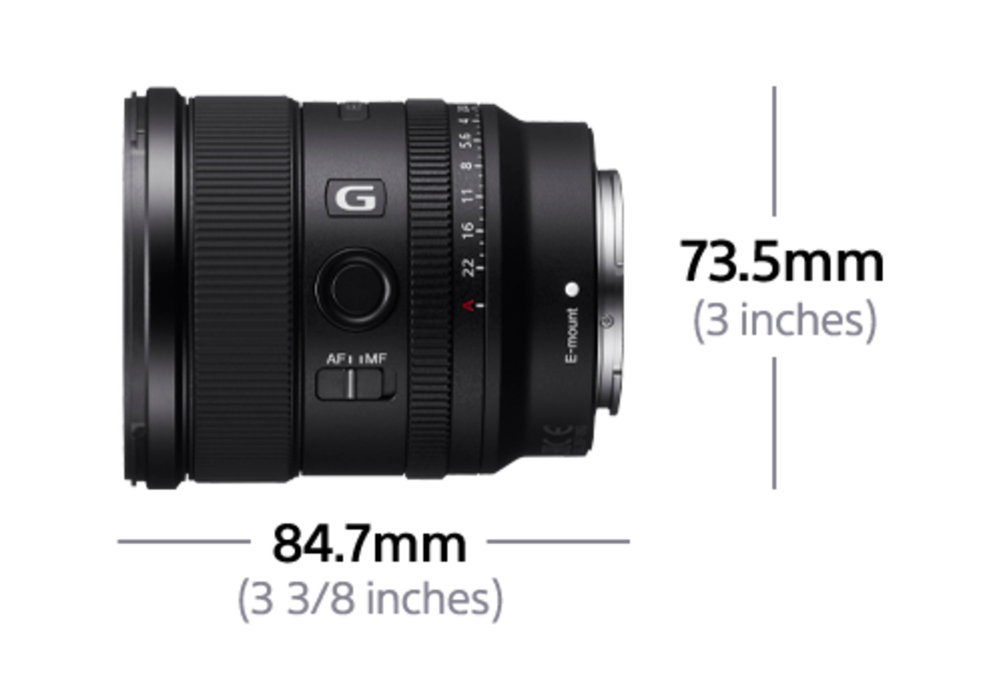 Czarny obiektyw z wymiarami: 84,7 mm, 73,5 mm. Białe tło.