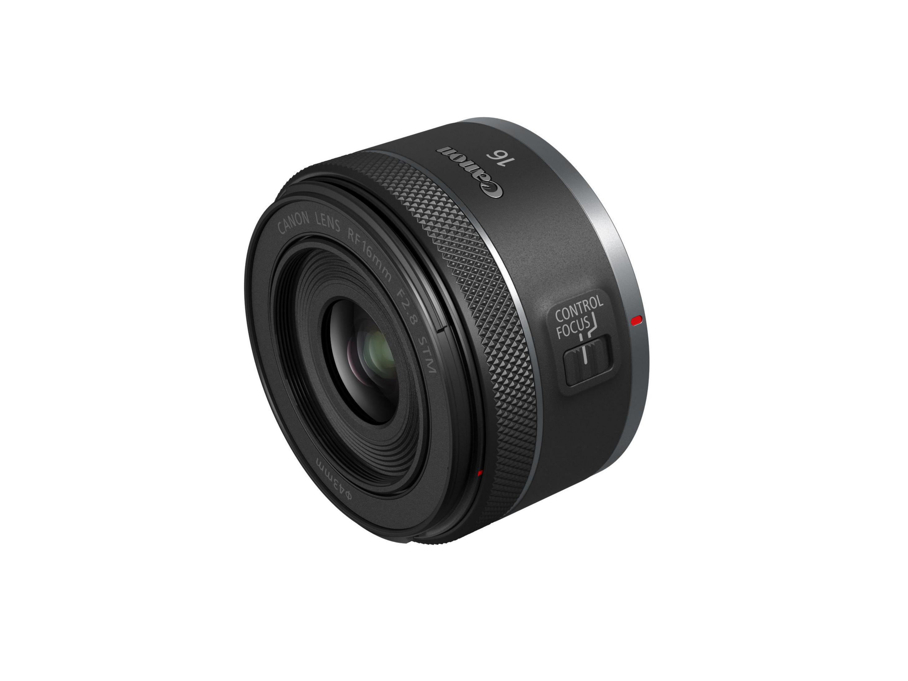 A Canon 16mm lens, black color, with focus control and a red line.