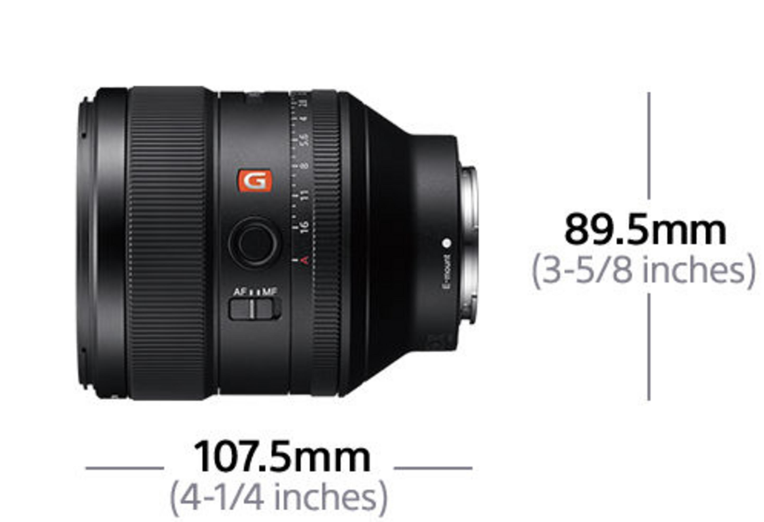 A black camera lens with dimensions labeled in millimeters and inches on white background.