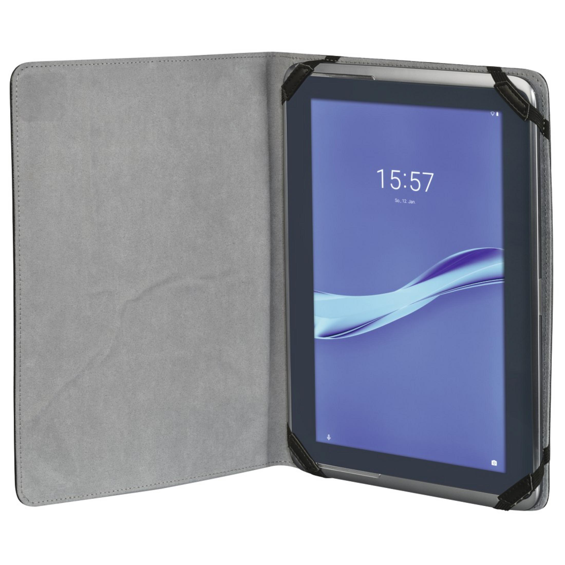 Tablet in grauem Gehäuse. Der Bildschirm zeigt einen blauen Hintergrund mit Digitaluhr.