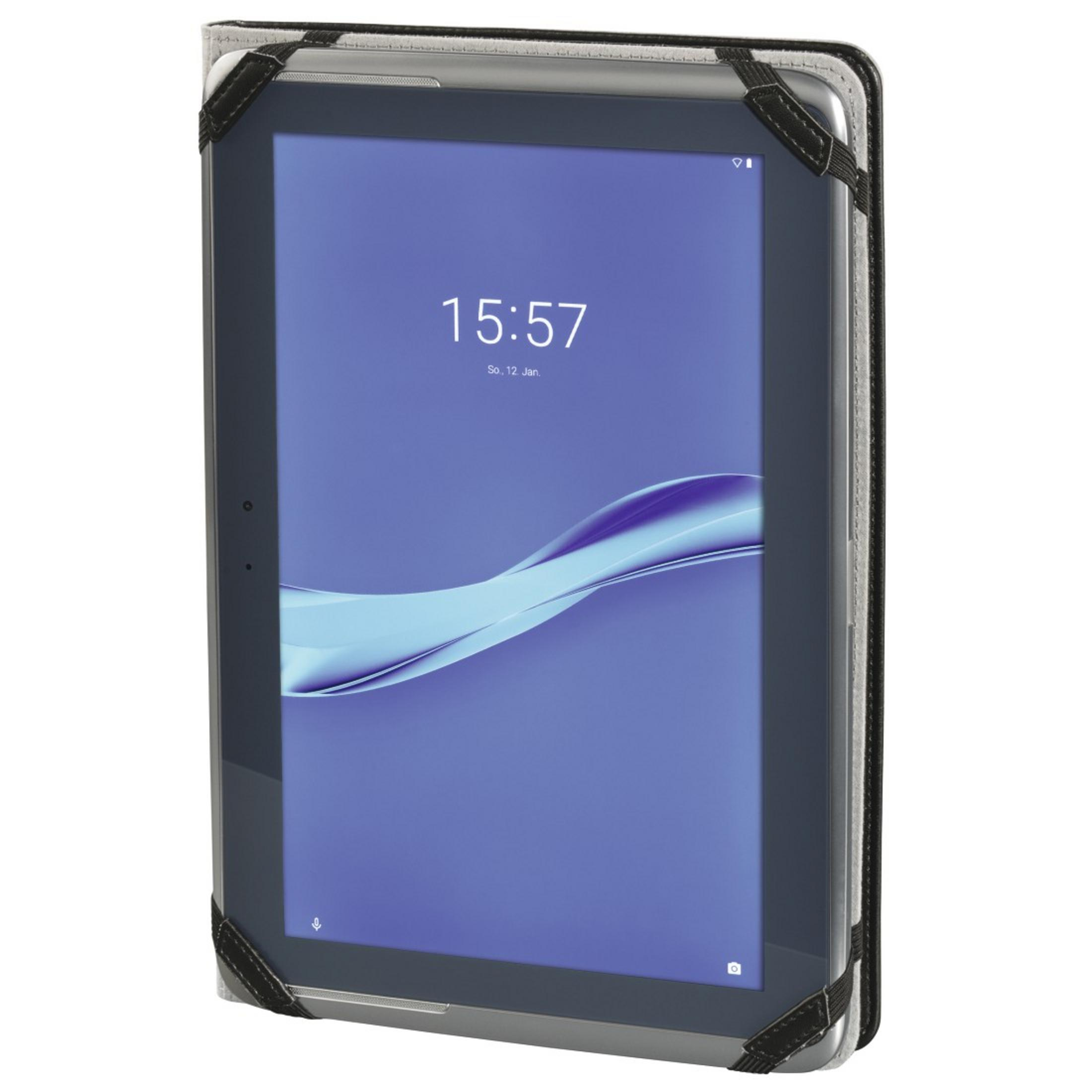 Tablet in einer Hülle, zeigt die Uhrzeit, mit blauem Hintergrund.