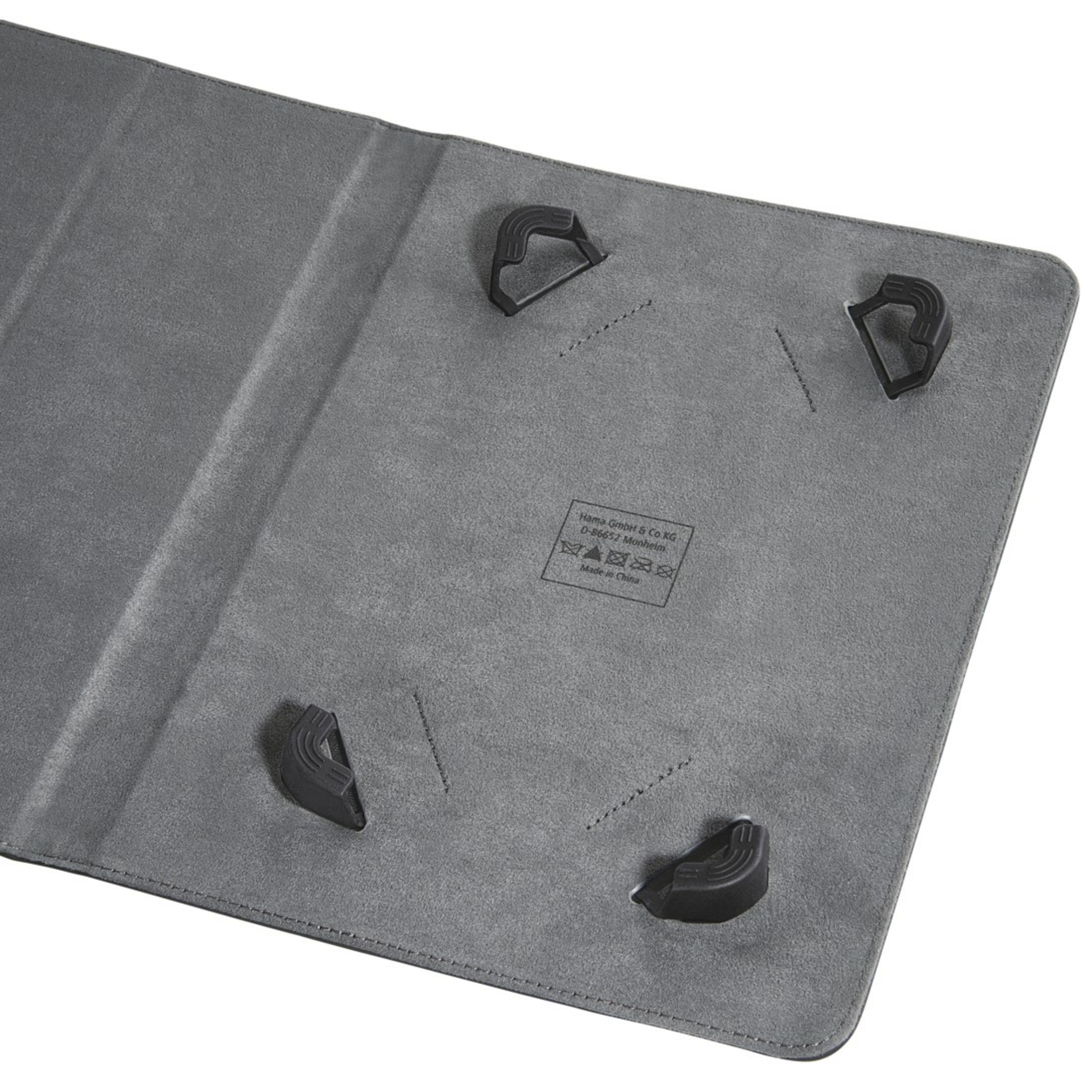 Geöffnete graue Tablethülle mit vier schwarzen Eckhaltern. Die Hülle hat eine strukturierte Oberfläche.