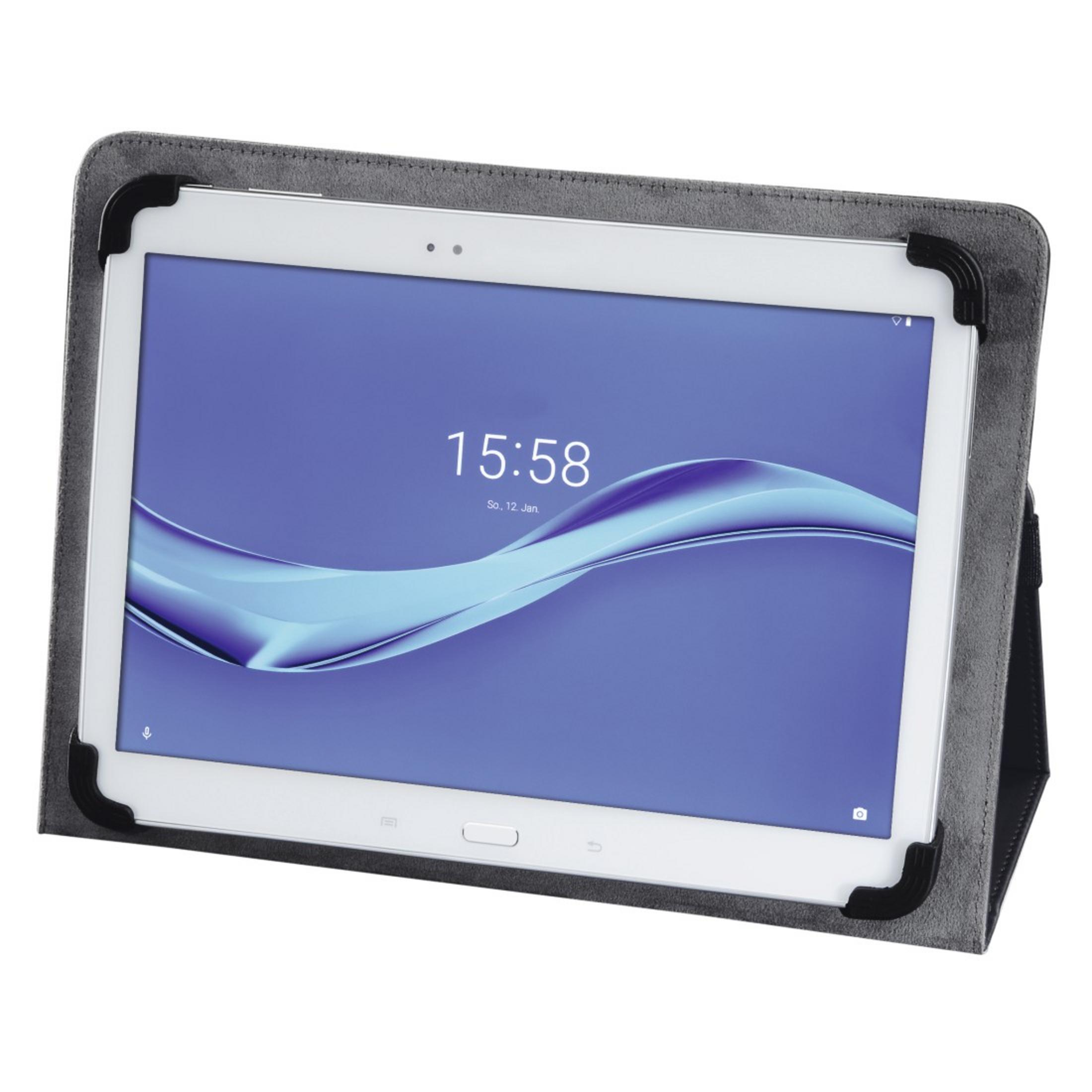 Ein weißes Tablet in einem grauen Schutzcase, mit der Uhrzeit auf dem Bildschirm.