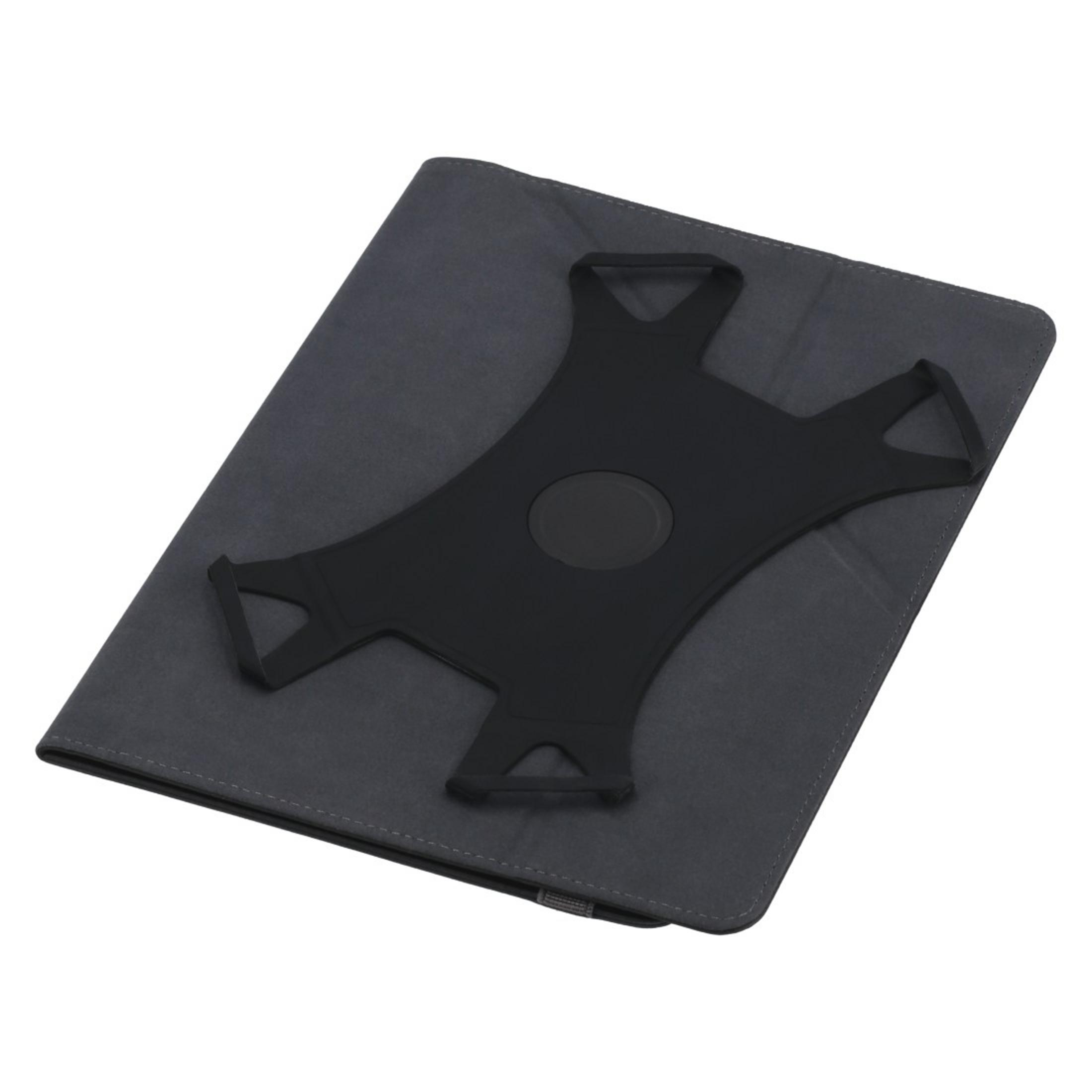 Tablethülle, grau, mit schwarzem elastischem Halter oben.