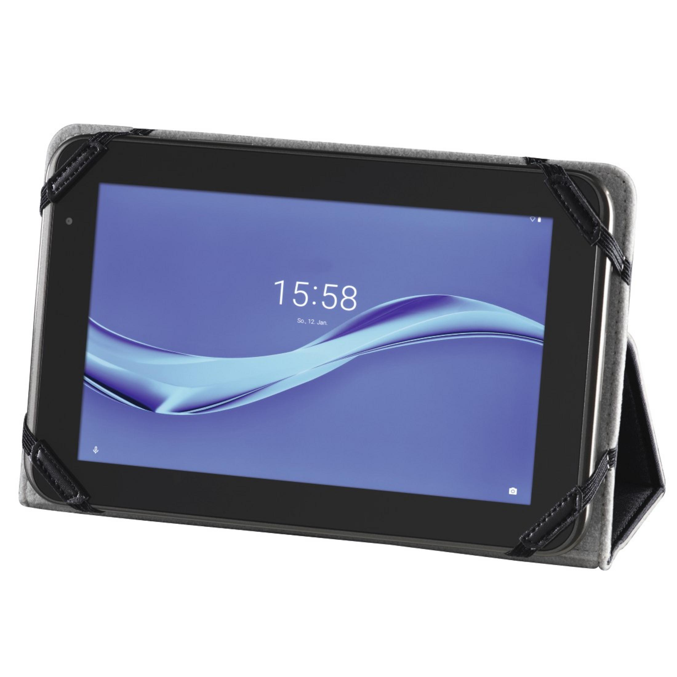 Ein Tablet mit einem Bildschirm, auf dem die Uhrzeit angezeigt wird. Das Tablet befindet sich in einem grauen Halter.