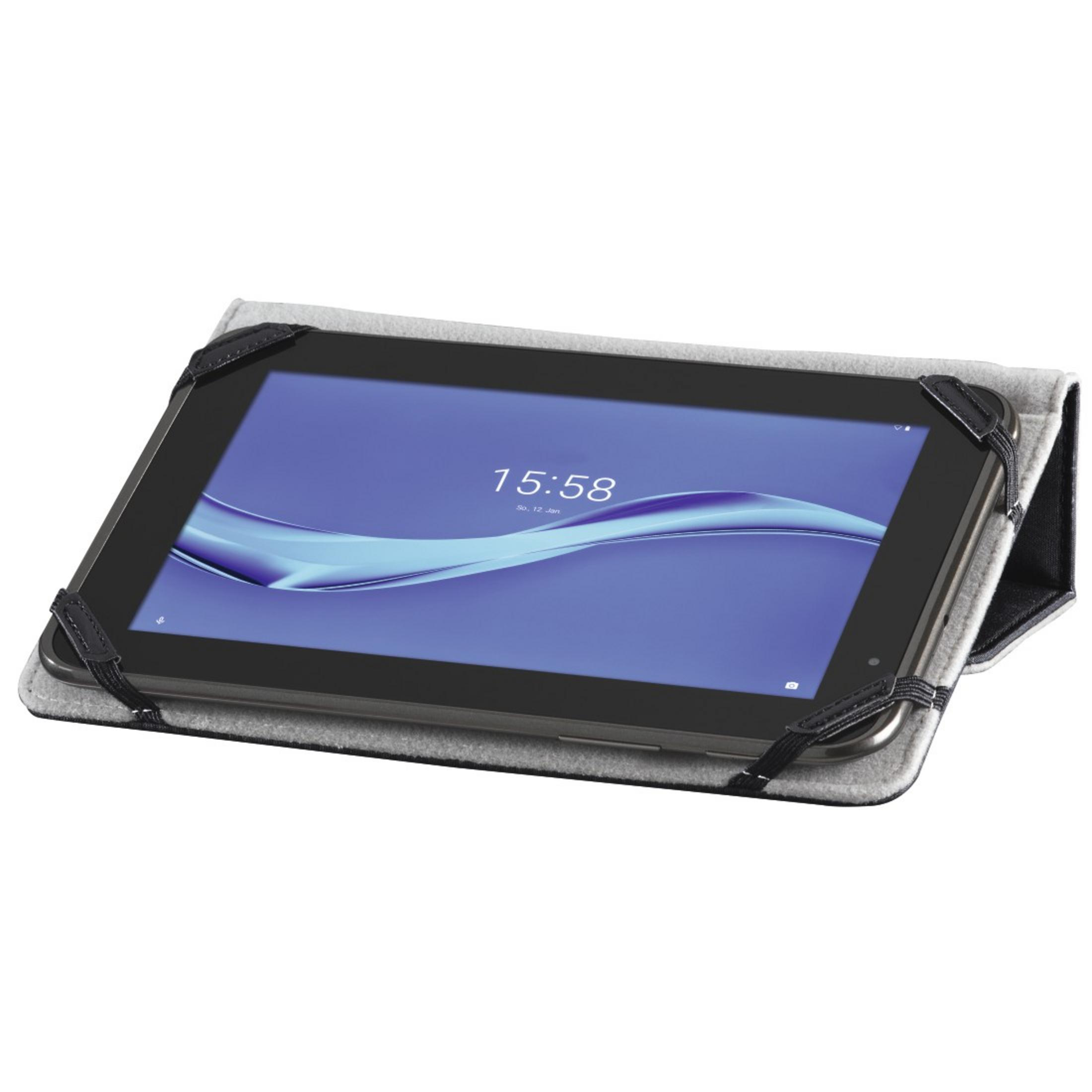 Tablet in einem grauen Gehäuse. Das Tablet zeigt einen Bildschirm mit der Uhrzeit.