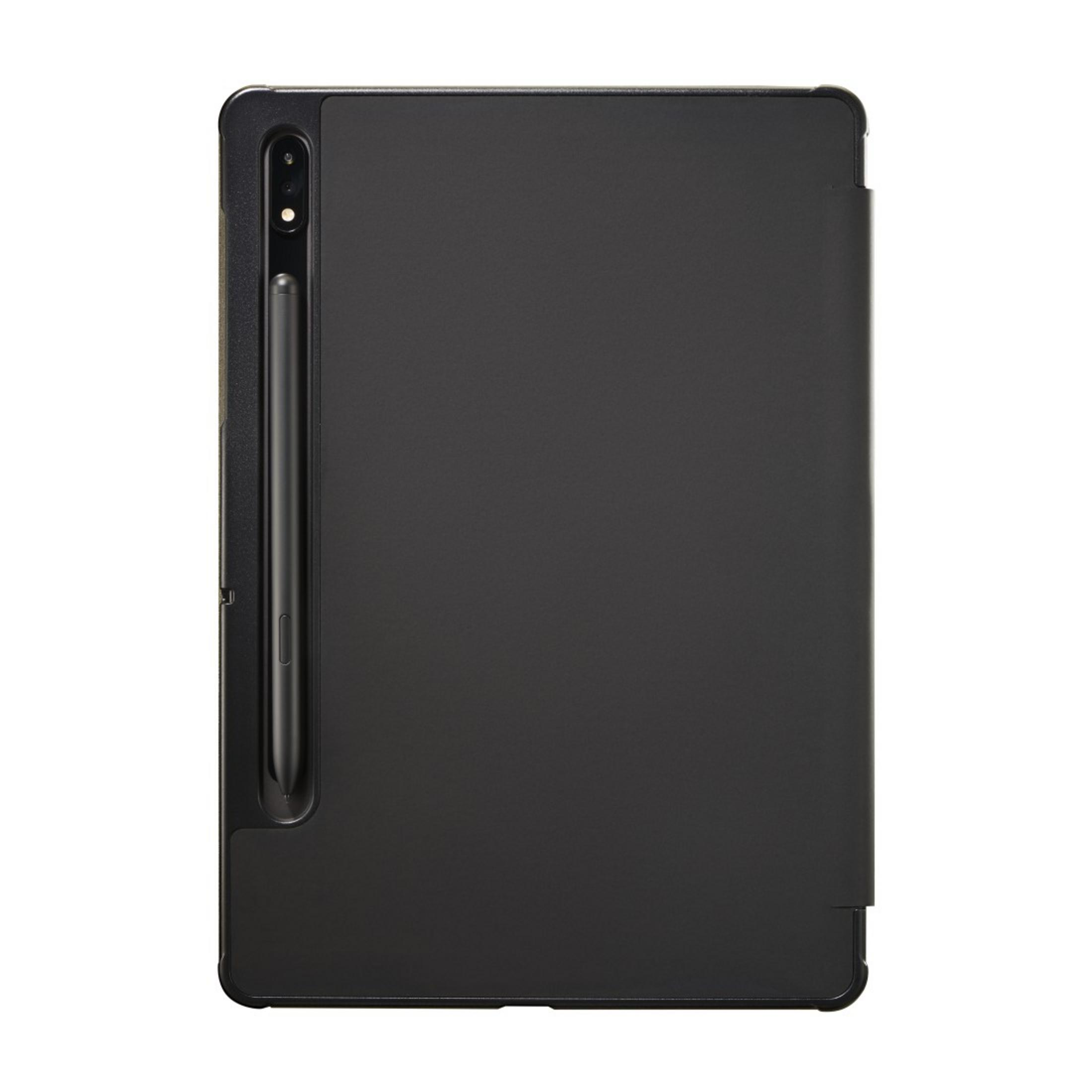 Eine schwarze Tablethülle mit angebrachtem Stift. Die Hülle ist geschlossen und rechteckig.