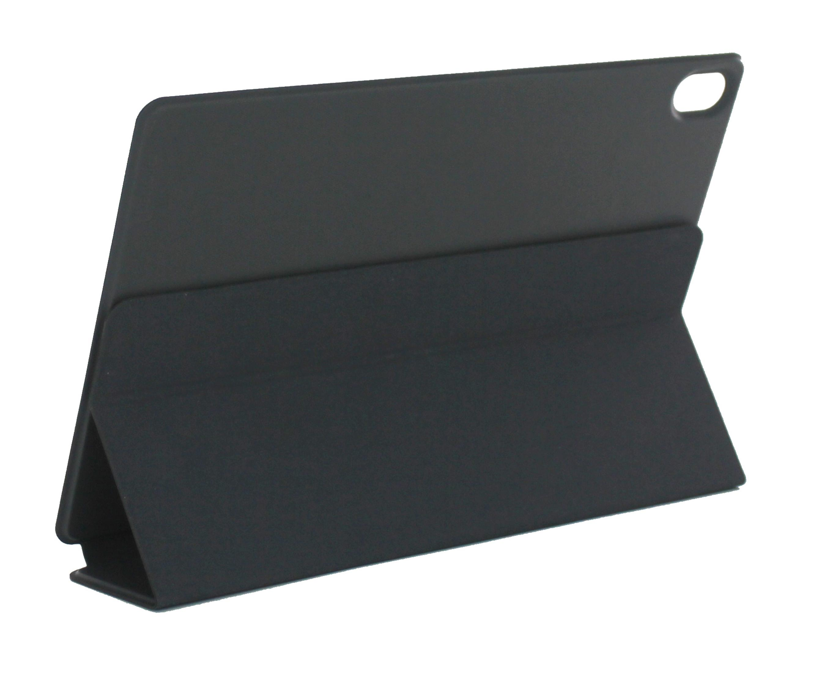 Funda de tableta negra con soporte. La funda está abierta con la tableta dentro. Fondo blanco.