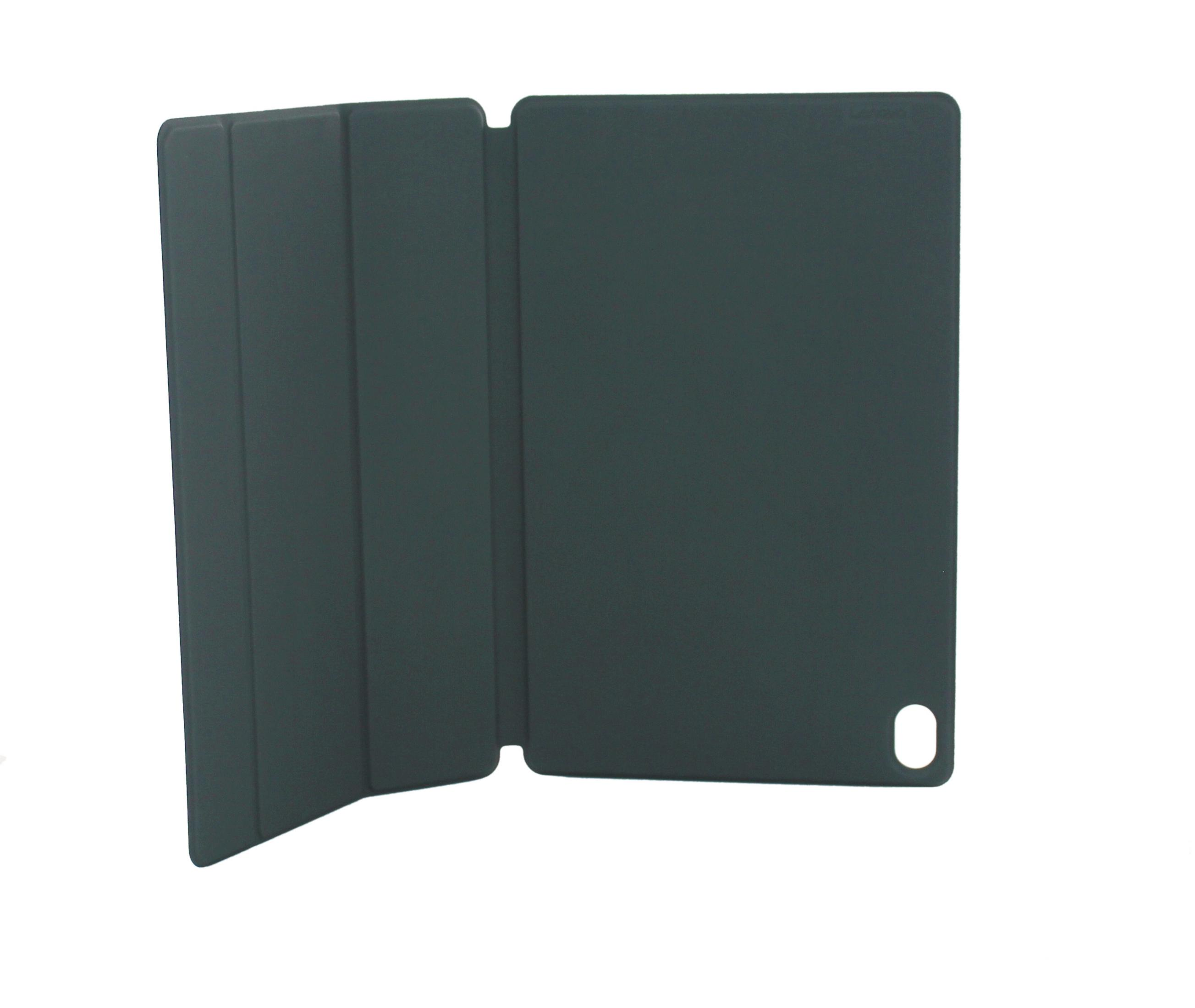 Una funda de tableta gris oscuro, abierta, sobre un fondo blanco. La funda es rectangular.