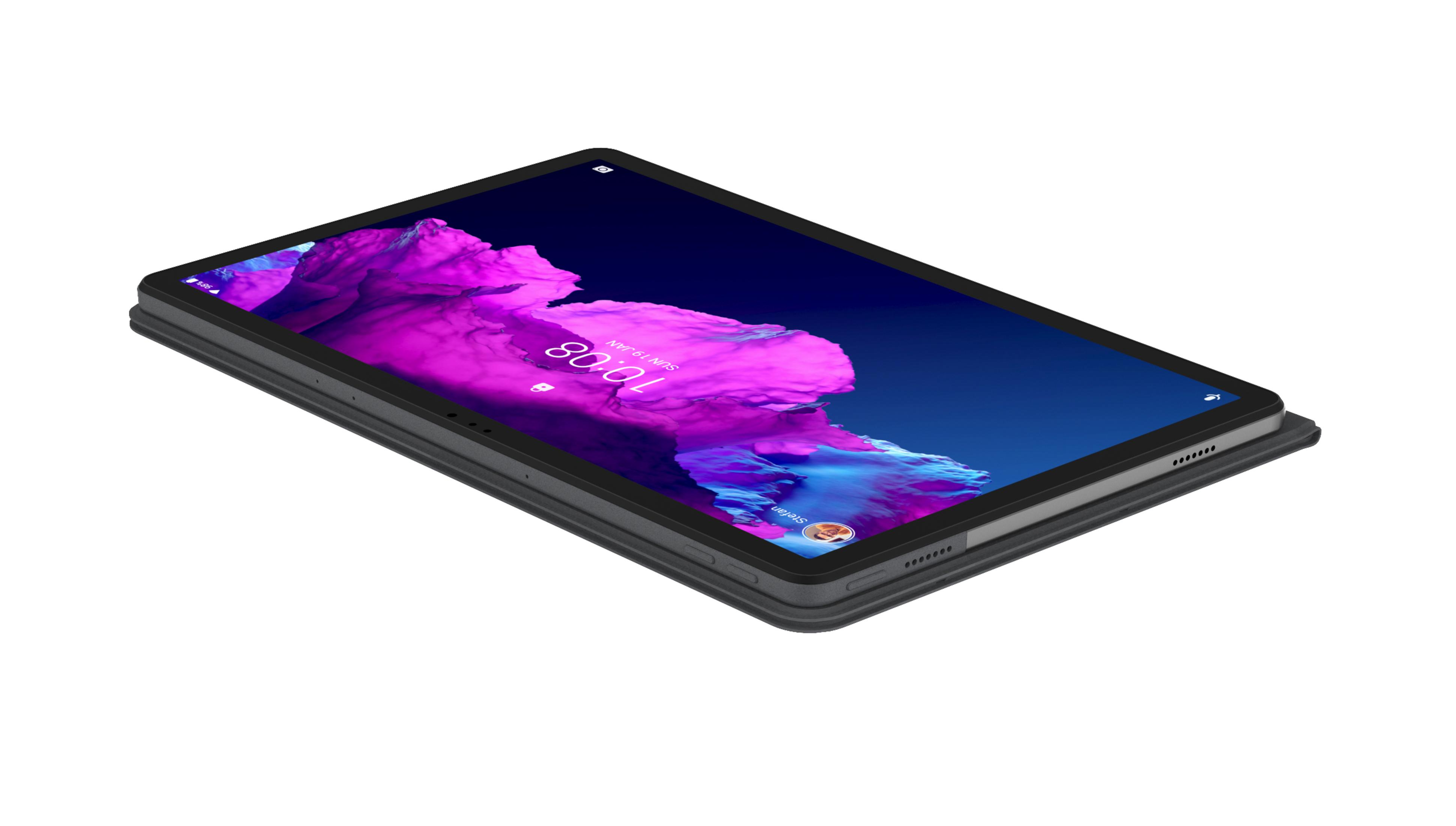 Tableta negra en una funda, sobre una superficie blanca, con pantalla.