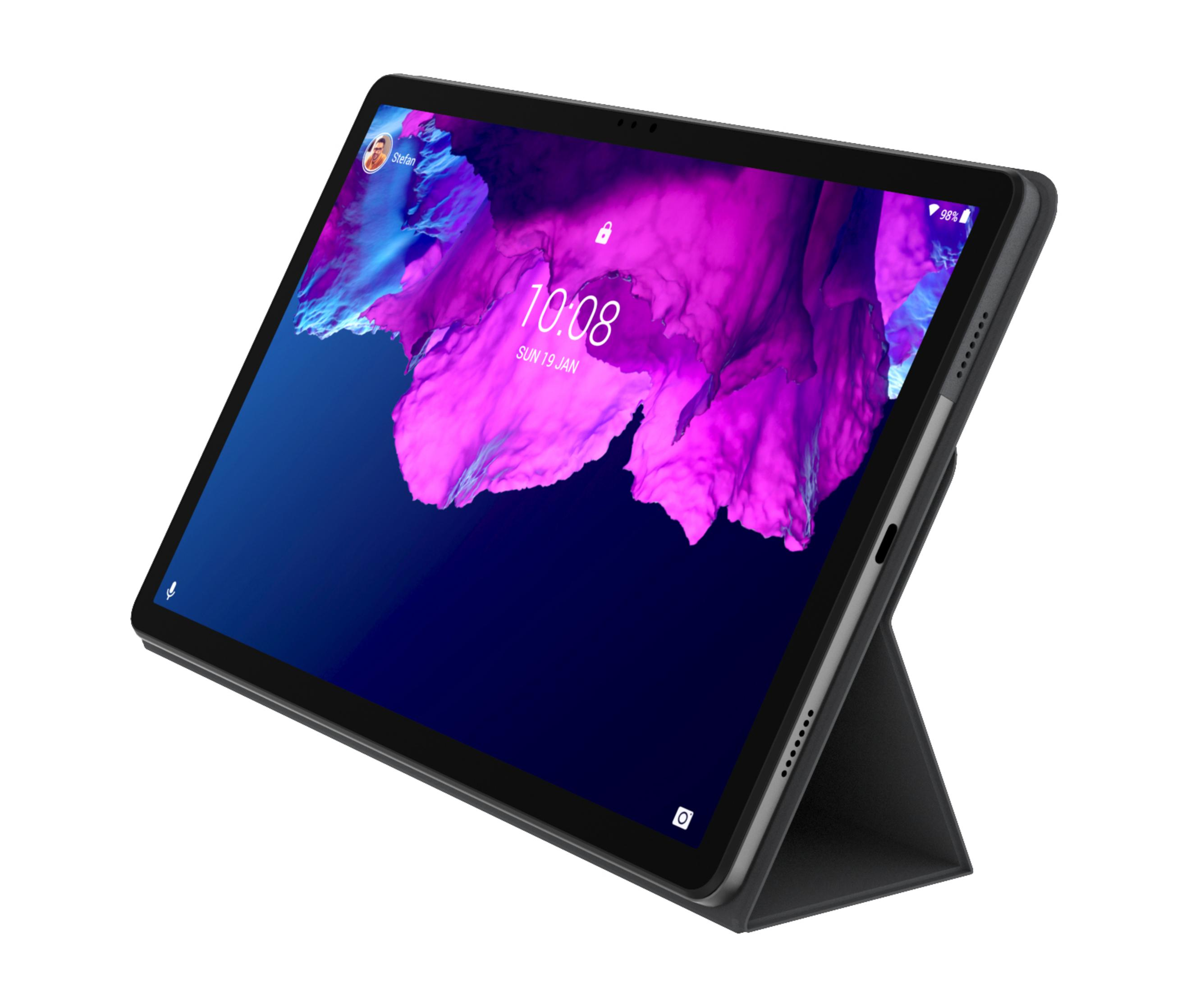 Tableta mostrando una pantalla púrpura, con una funda negra, en ángulo sobre una superficie blanca.