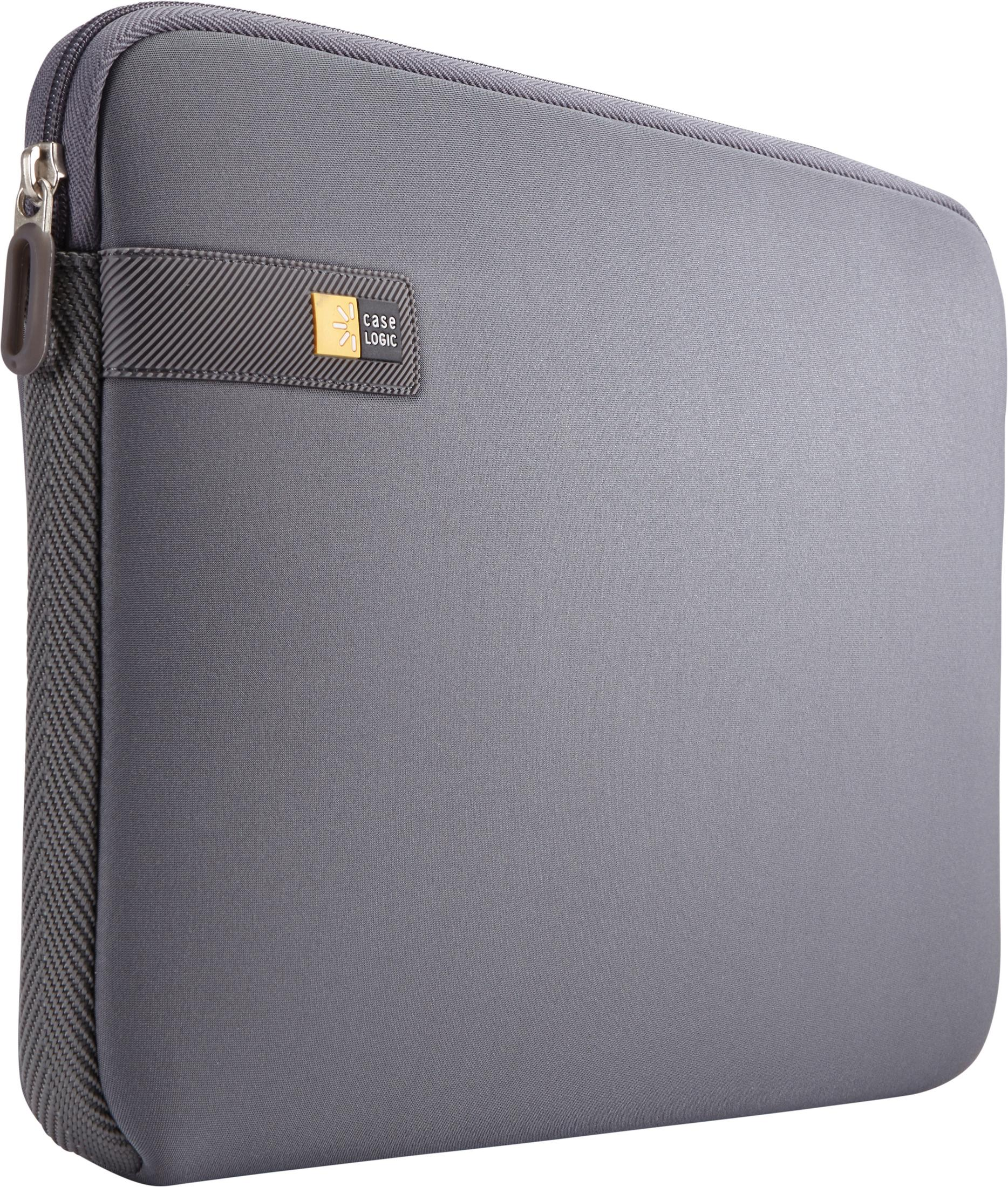 Gray laptop sleeve. Zipper closure with a Case Logic logo. Black zipper and trim on the side.