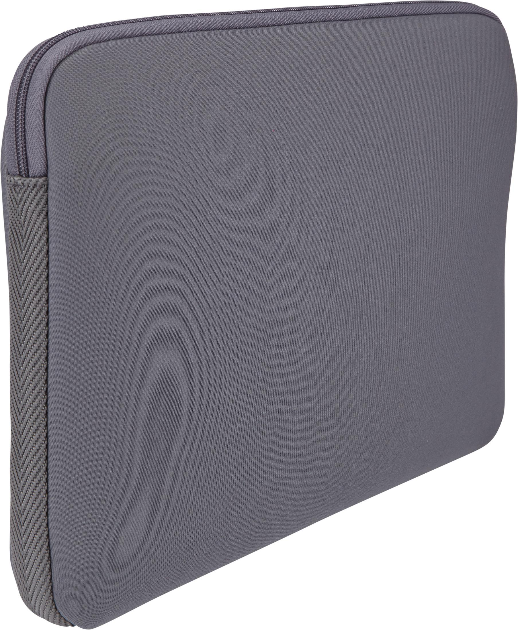 A gray laptop sleeve with a zipper along one edge. Material appears to be neoprene.