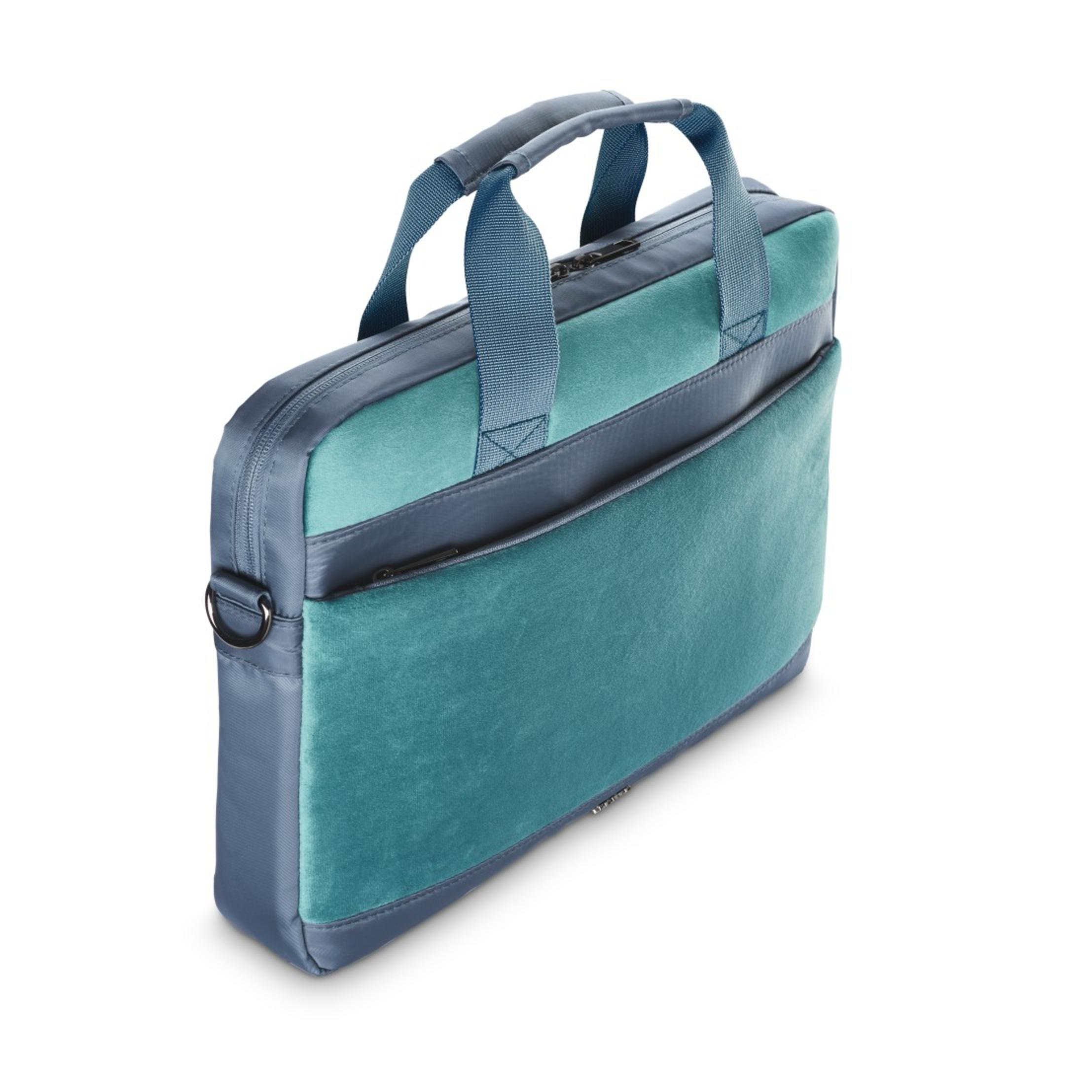 Borsa per laptop turchese e grigia. Maniglia in alto, tasca laterale. Sfondo bianco.