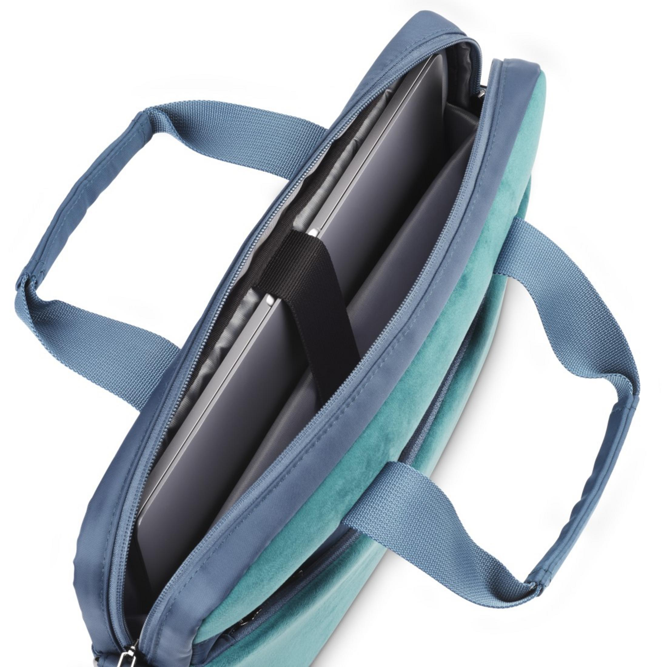 Borsa per laptop, aperta, che mostra due laptop all'interno, con manici, su sfondo bianco.
