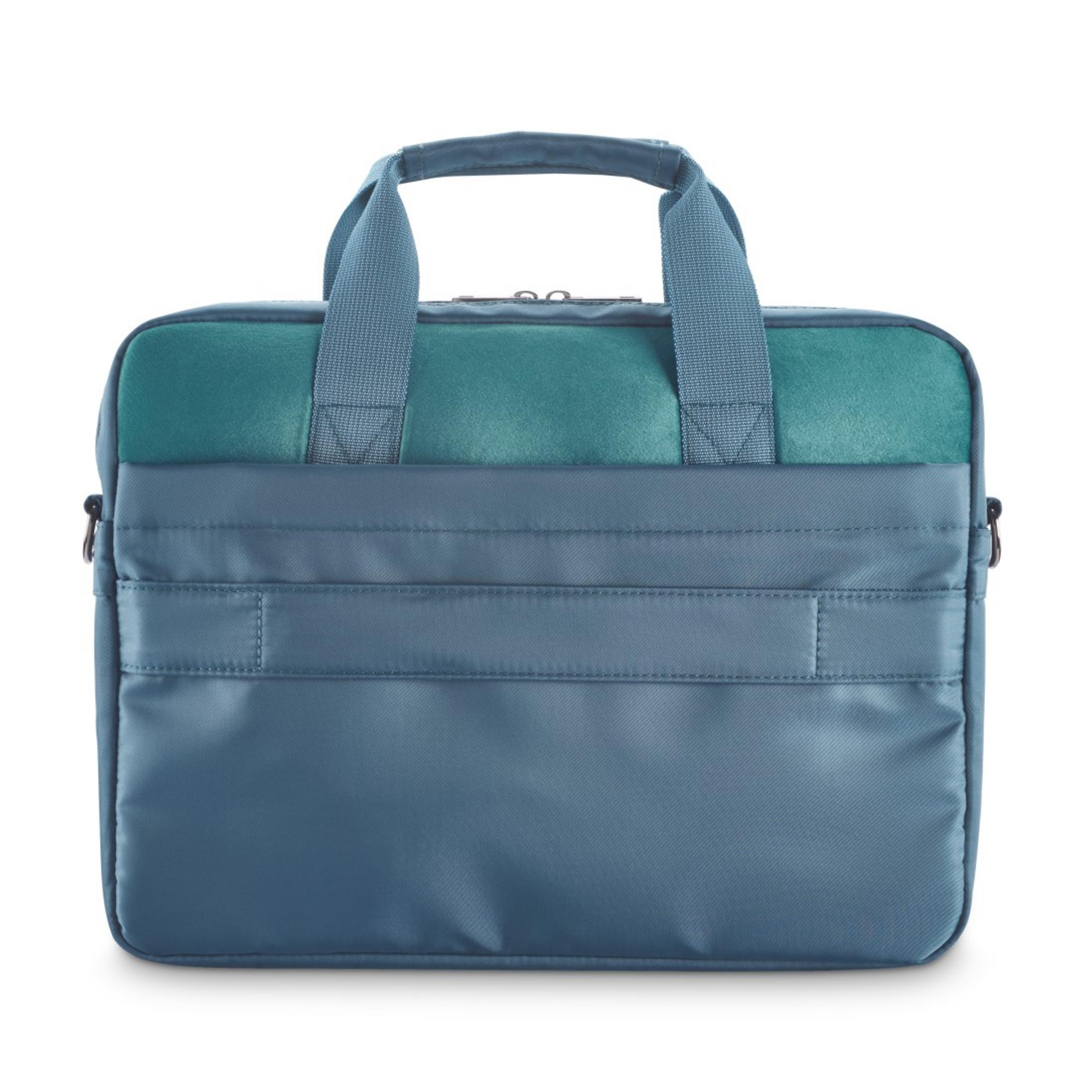 Borsa per laptop blu-verde e blu. Maniglia in alto, cerniere visibili. Sfondo bianco.