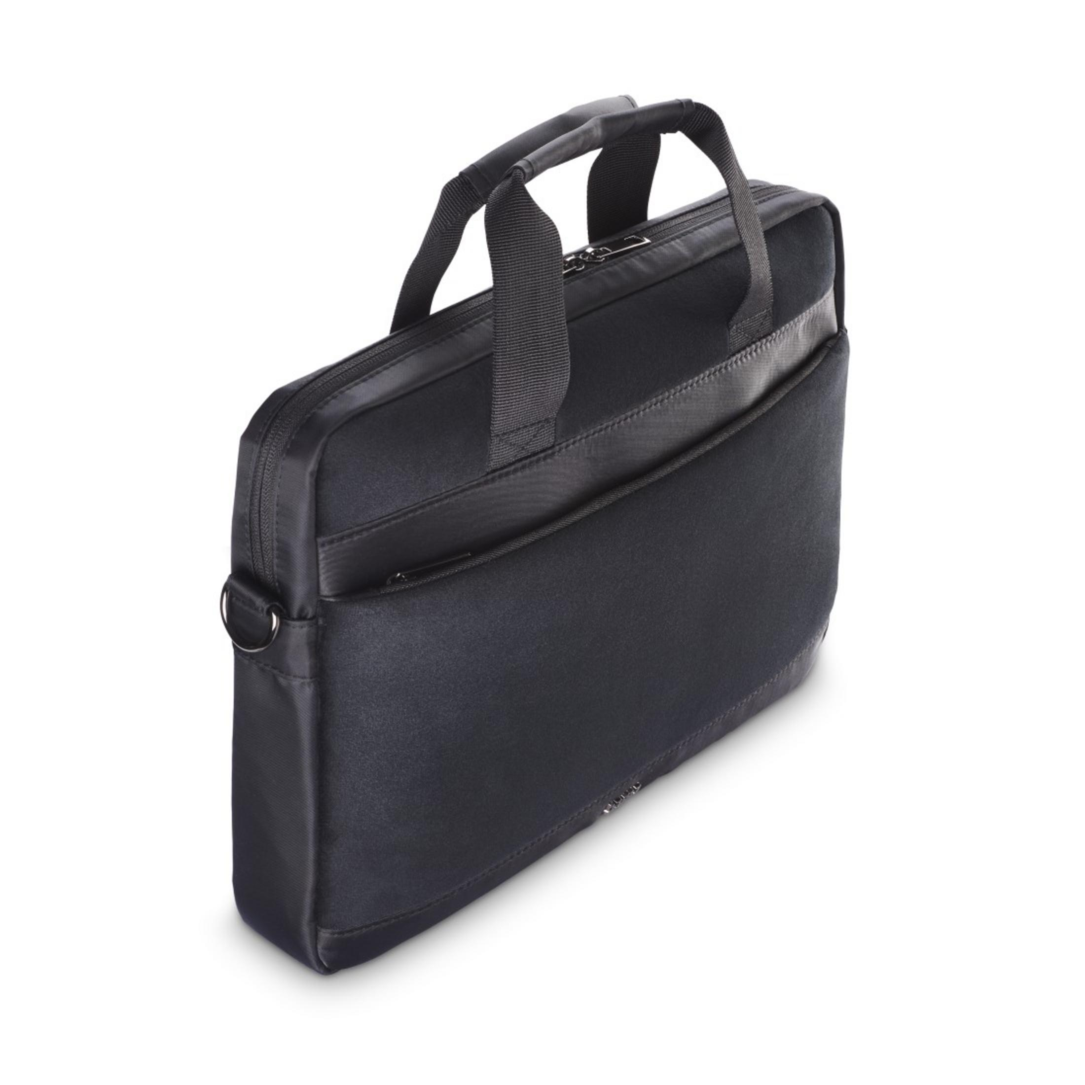 Borsa per laptop nera con manico e tracolla, su sfondo bianco.