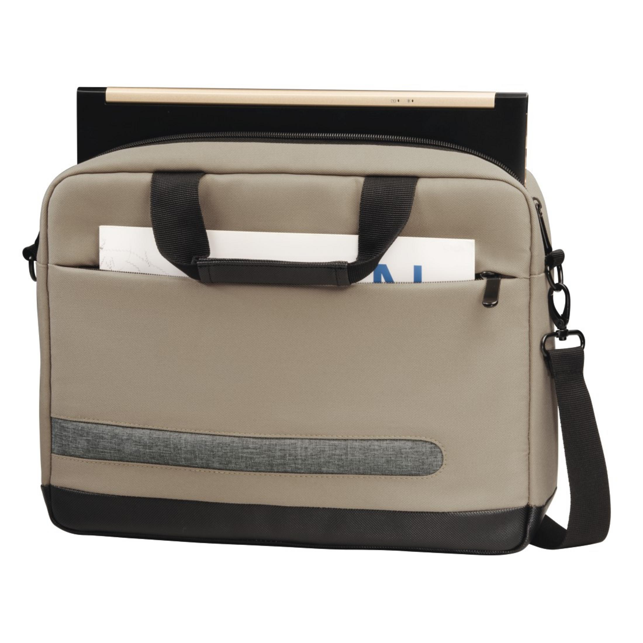 Beige Laptoptasche mit schwarzem Griff und Riemen. Ein Laptop befindet sich in der Tasche, ein Papier ist sichtbar.