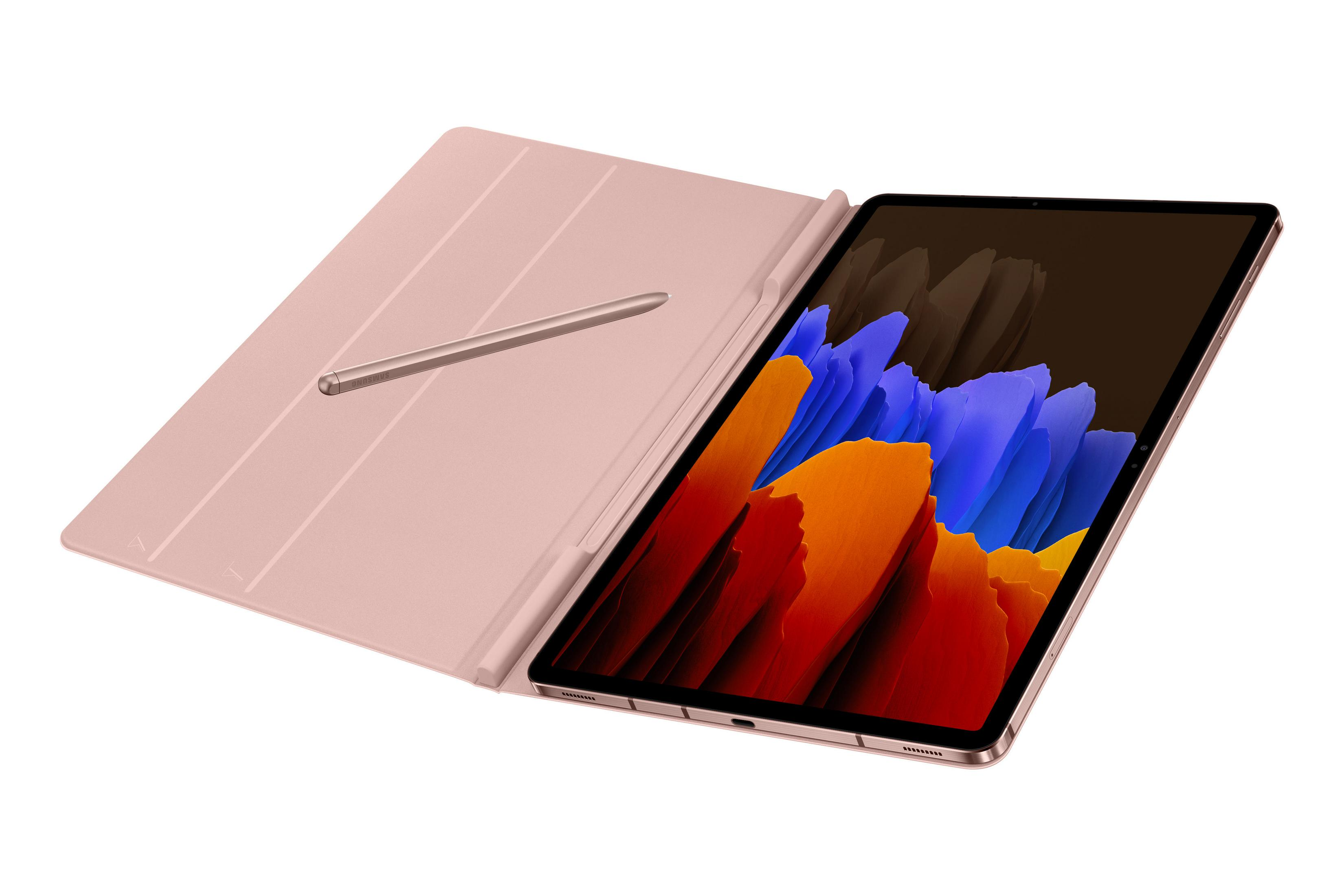 Un tablet rosa con uno stilo nella sua custodia, aperto su una superficie bianca. Lo schermo è visibile.