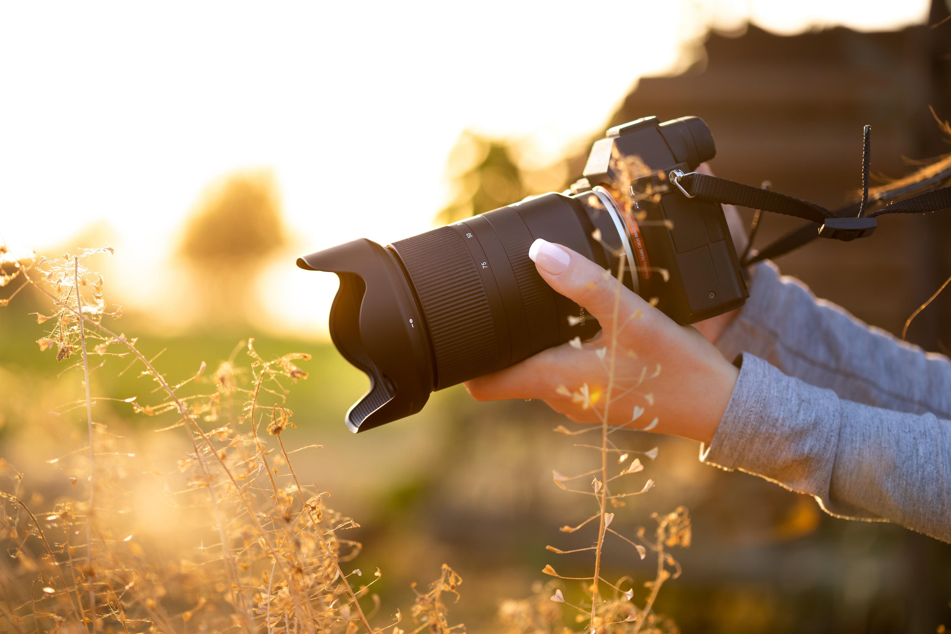 Hände halten eine Kamera mit großem Objektiv, fotografieren, Pflanzen im Vordergrund.