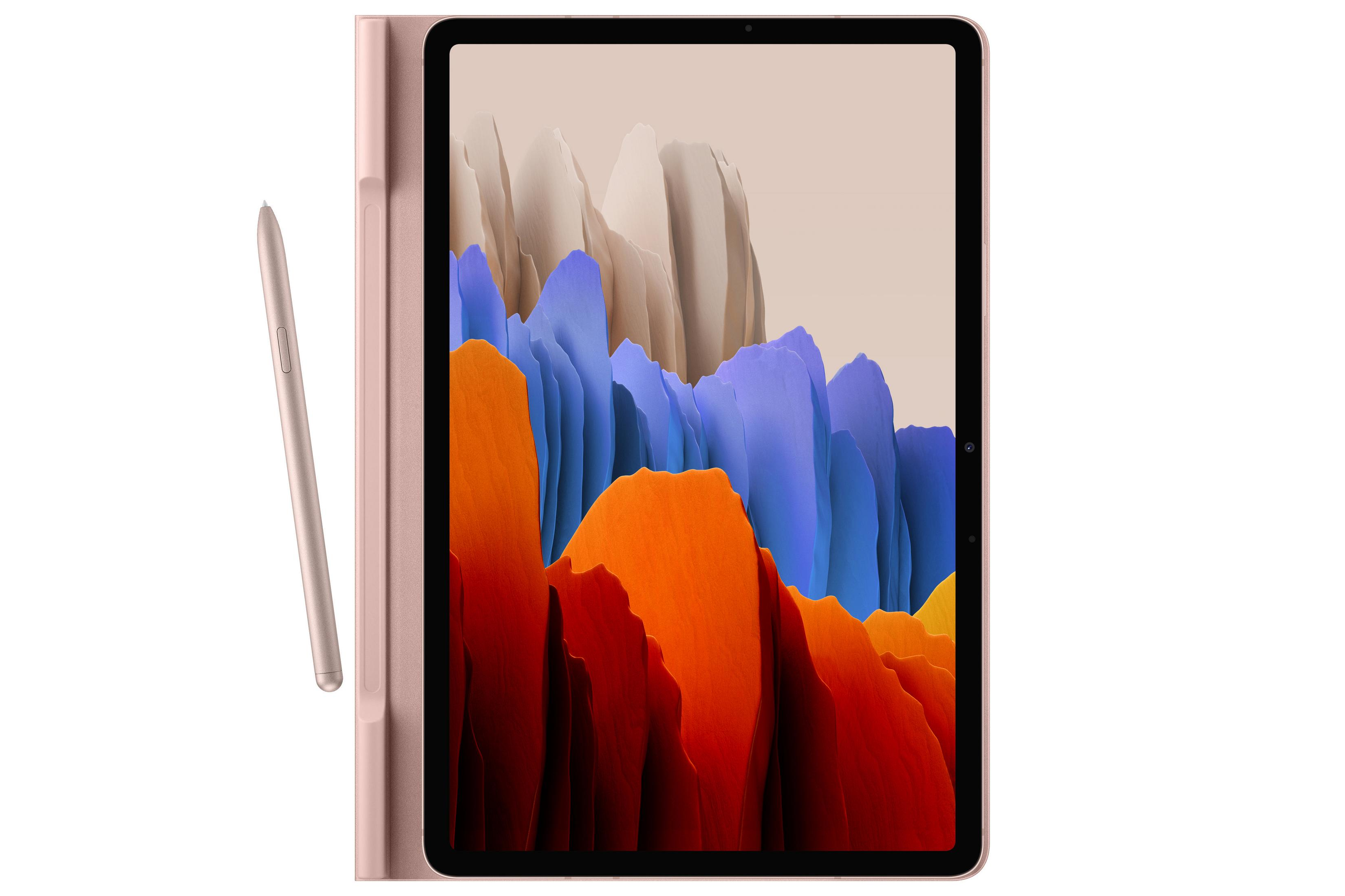 Un tablet rosa con uno stilo. Il tablet ha uno schermo colorato.