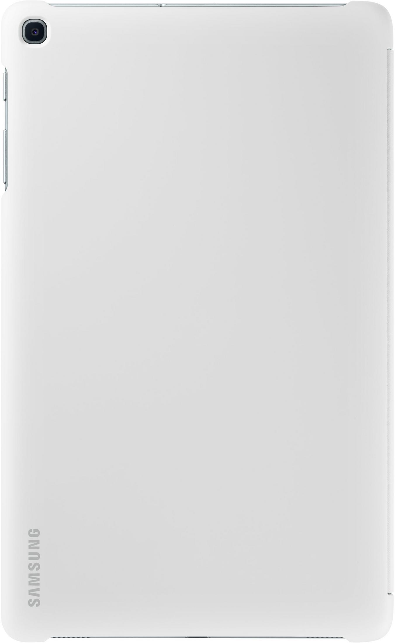 Vista trasera de una tableta Samsung blanca. Diseño minimalista. Cámara y logotipo de la marca visibles.