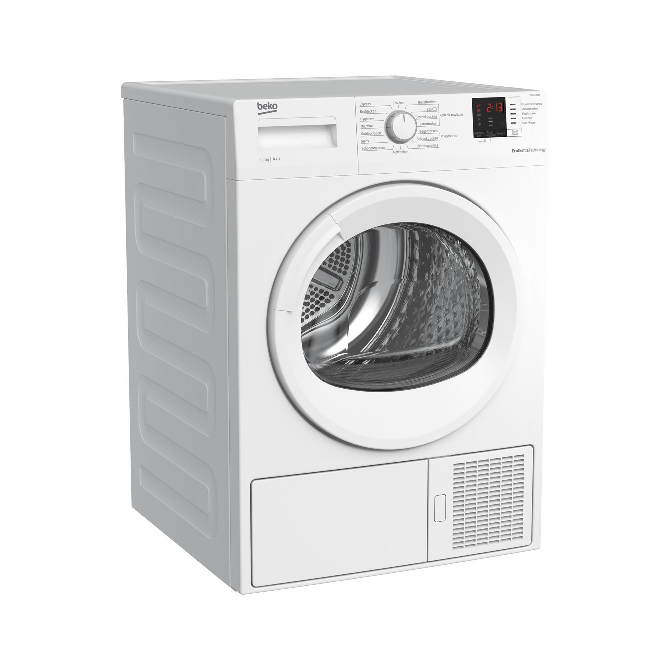 Un'asciugatrice Beko bianca con display digitale. La porta e il pannello di controllo sono visibili.
