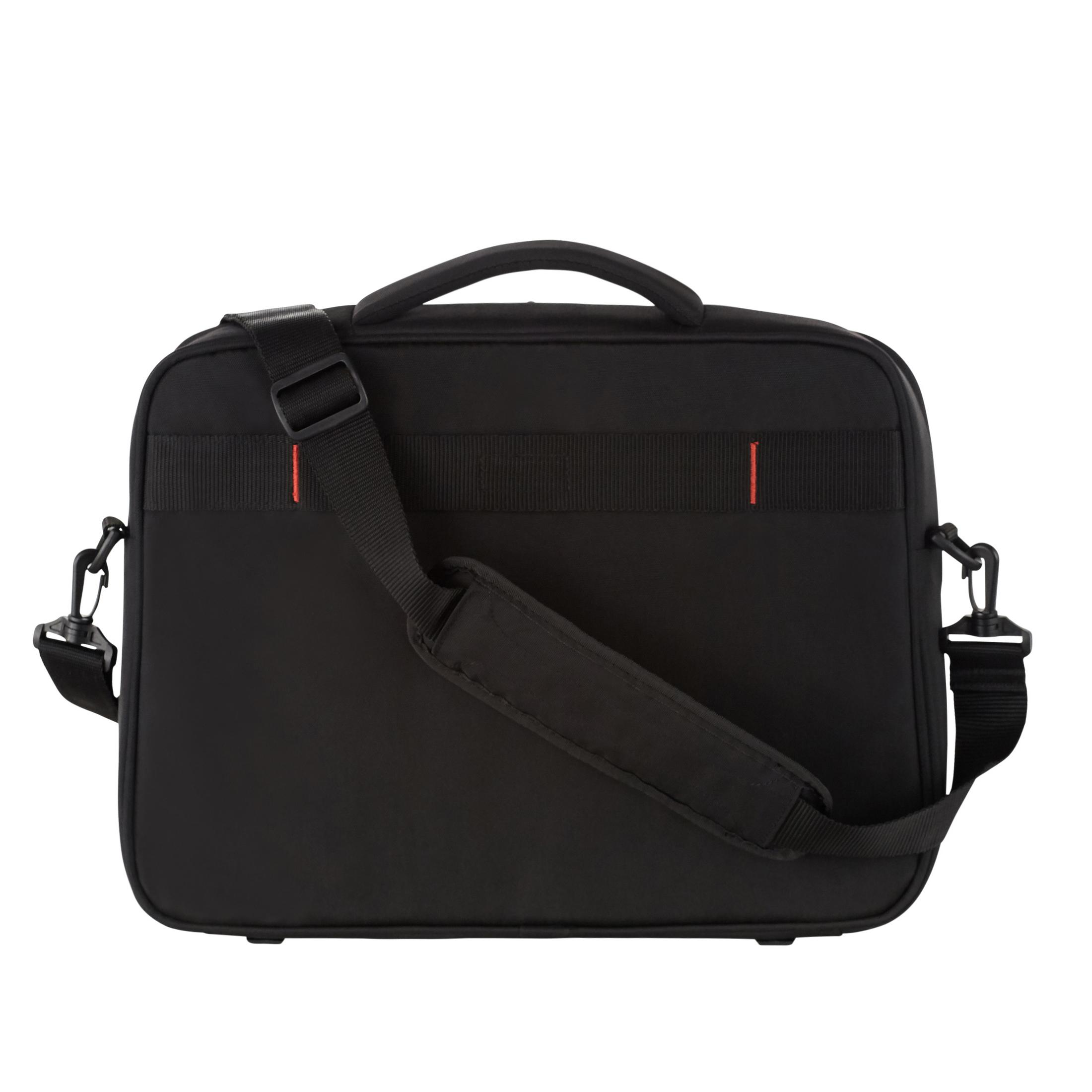 Bolsa negra para portátil con asa y correa. Fondo blanco.