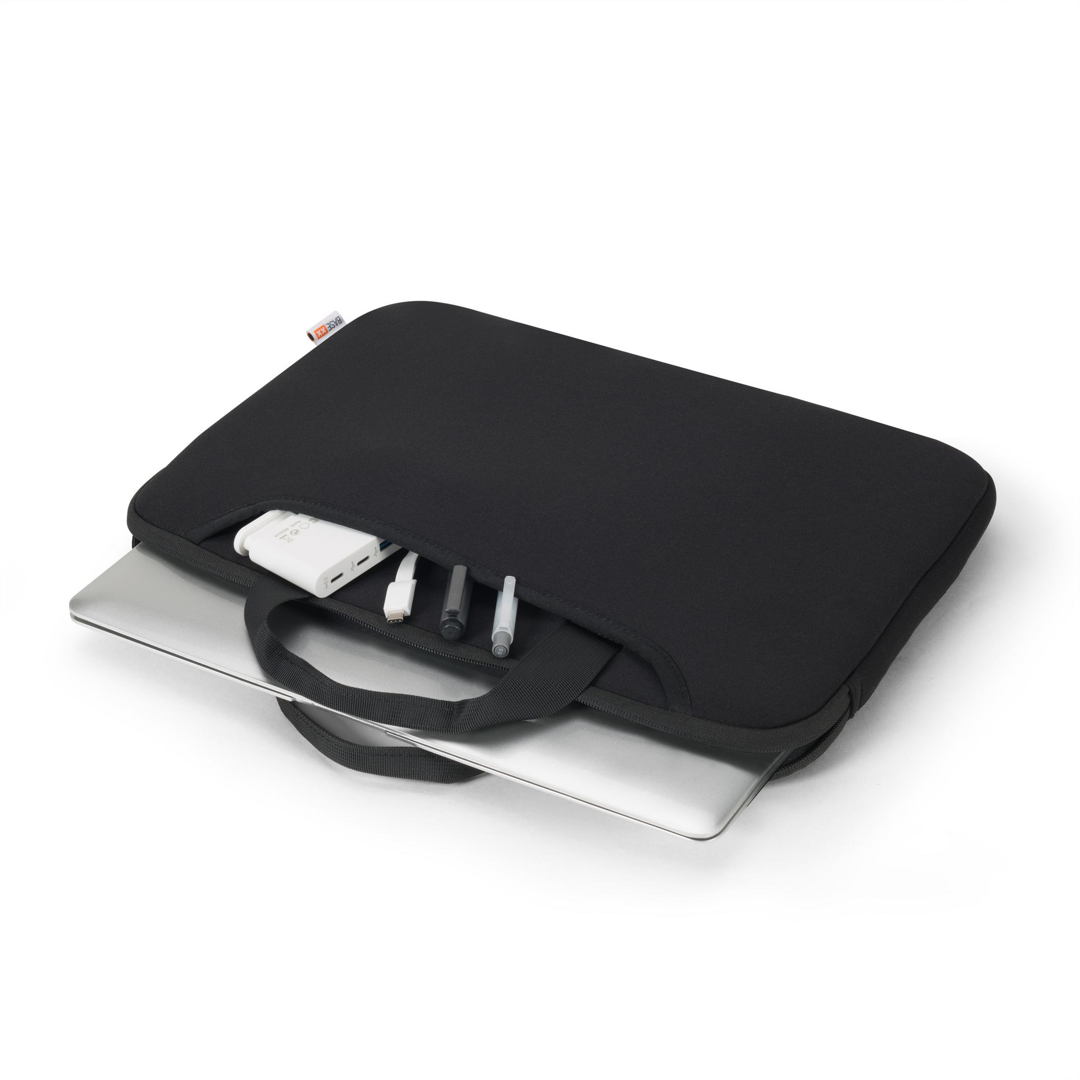 Un laptop nero in una custodia nera con maniglia e tasche con accessori.