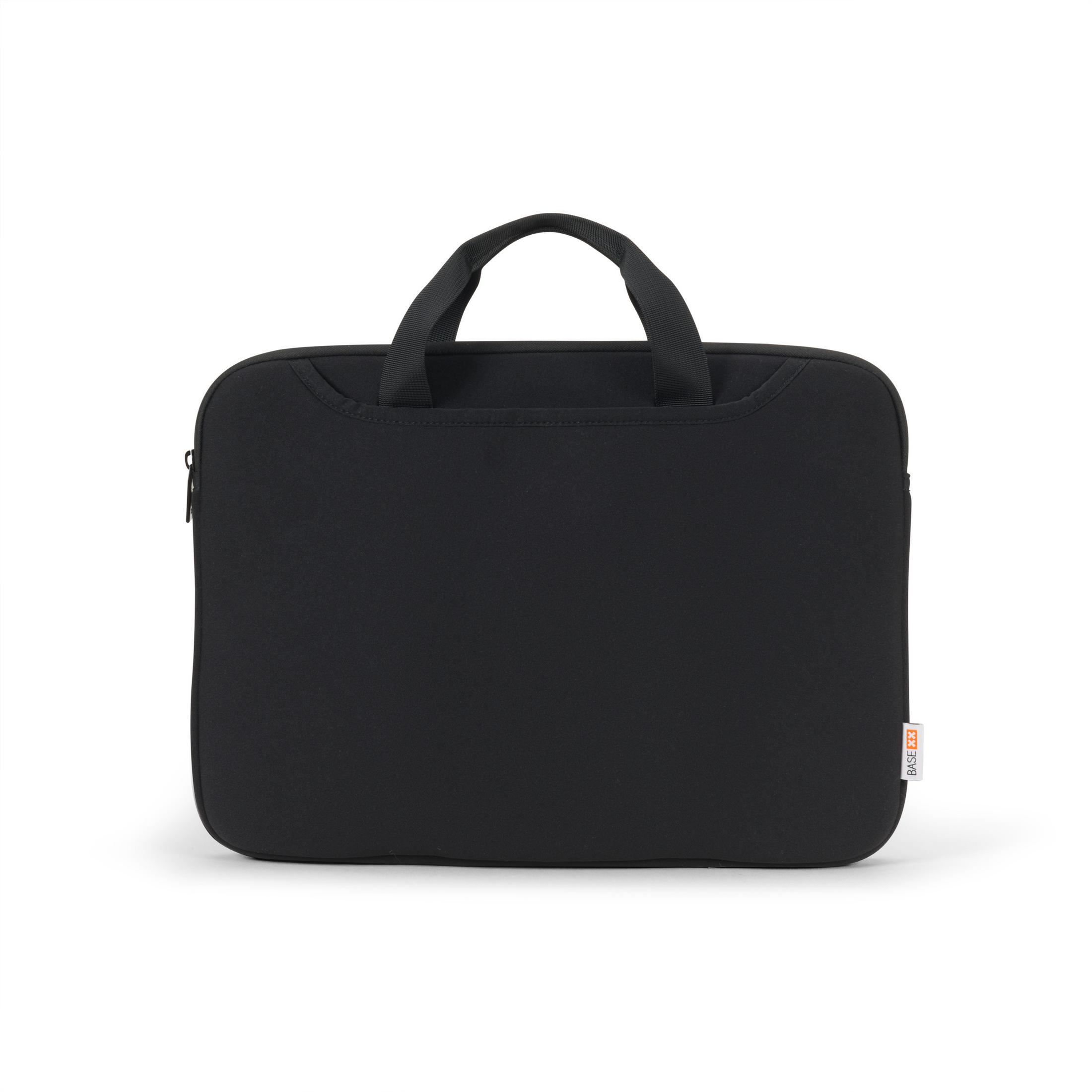 Borsa per laptop nera con manico. Chiusura zip, design semplice.