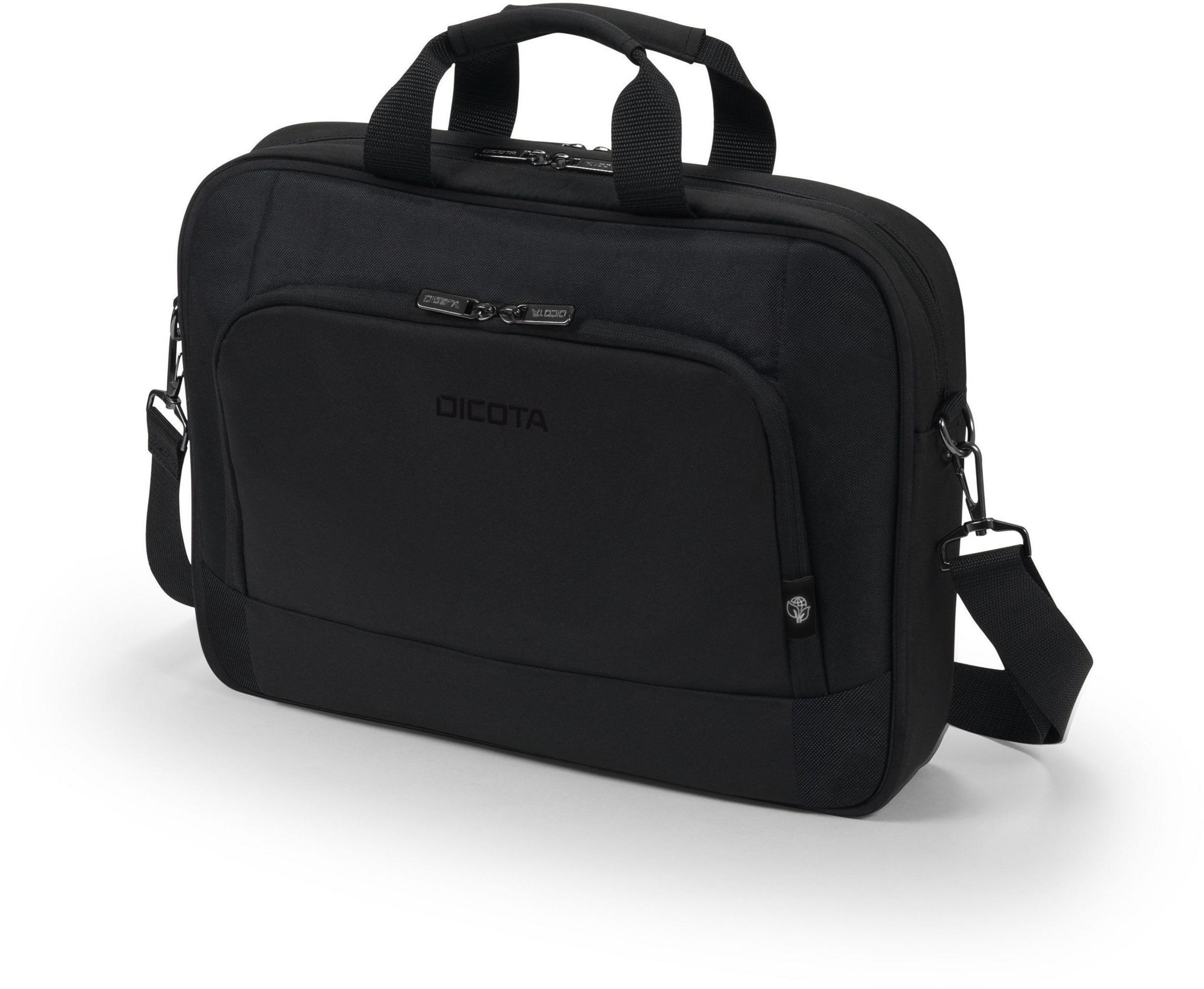 Borsa per laptop Dicota nera con tracolla. La borsa è chiusa e su sfondo bianco.