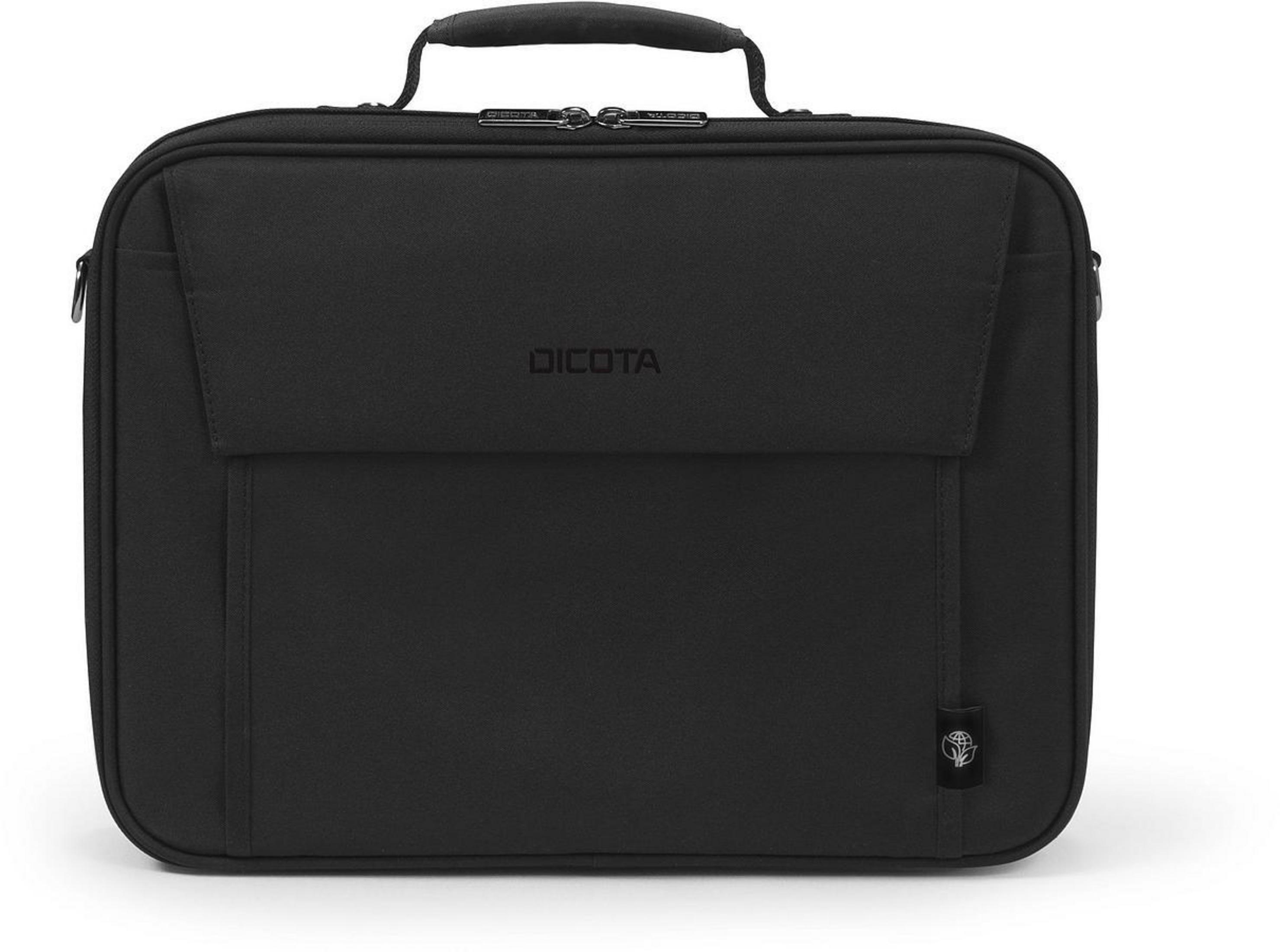 Borsa nera per laptop con manico, patta e logo Dicota. Sfondo bianco.