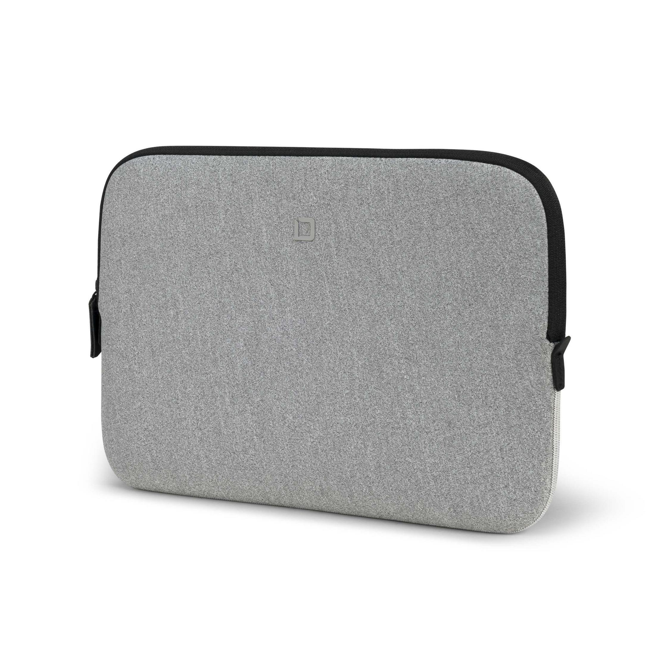 Custodia grigia per laptop con cerniera nera e bordatura nera. Sfondo bianco.