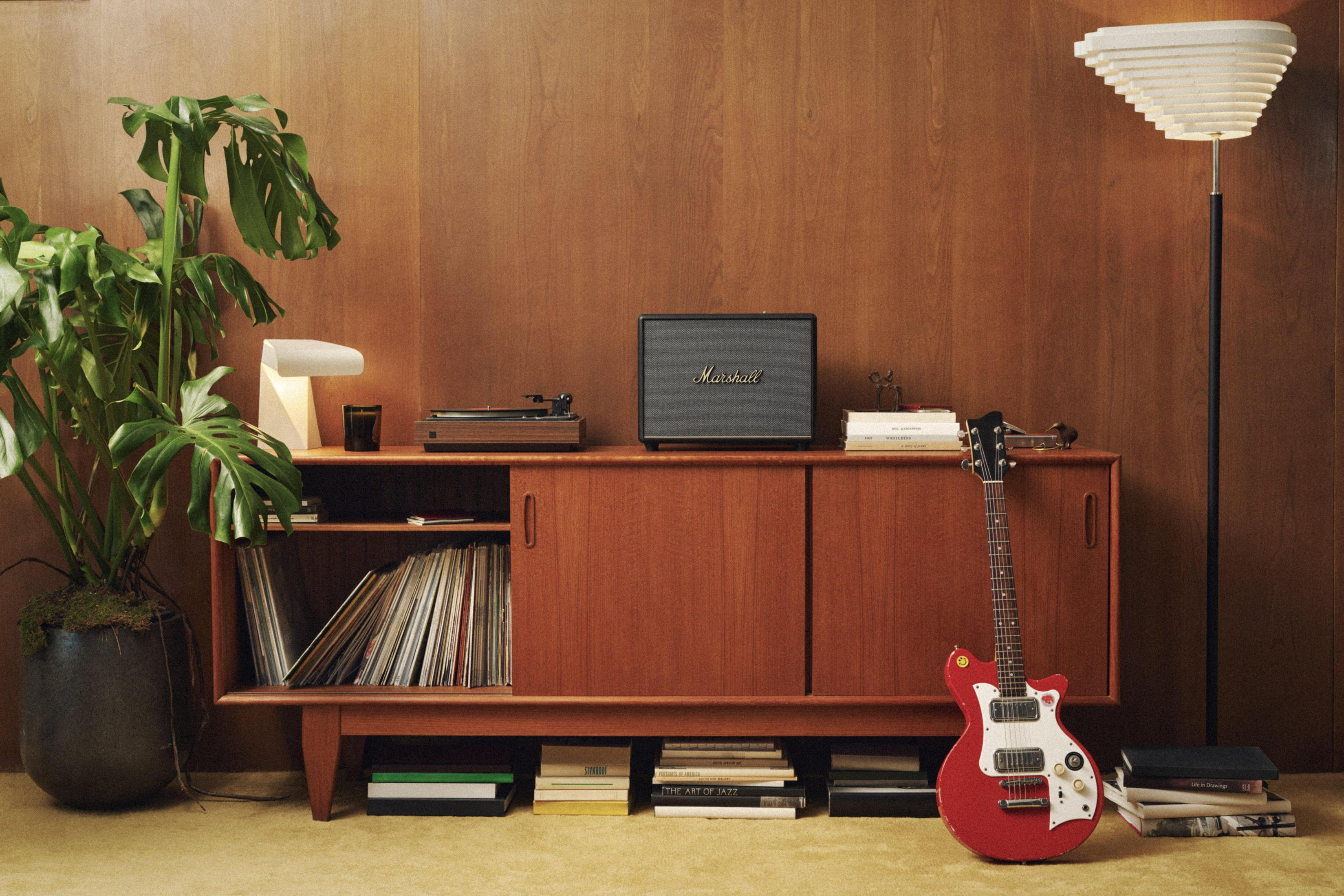 Ein Wohnzimmer mit Stereoanlage, Gitarre, Lampe, Pflanze und Holzwand.