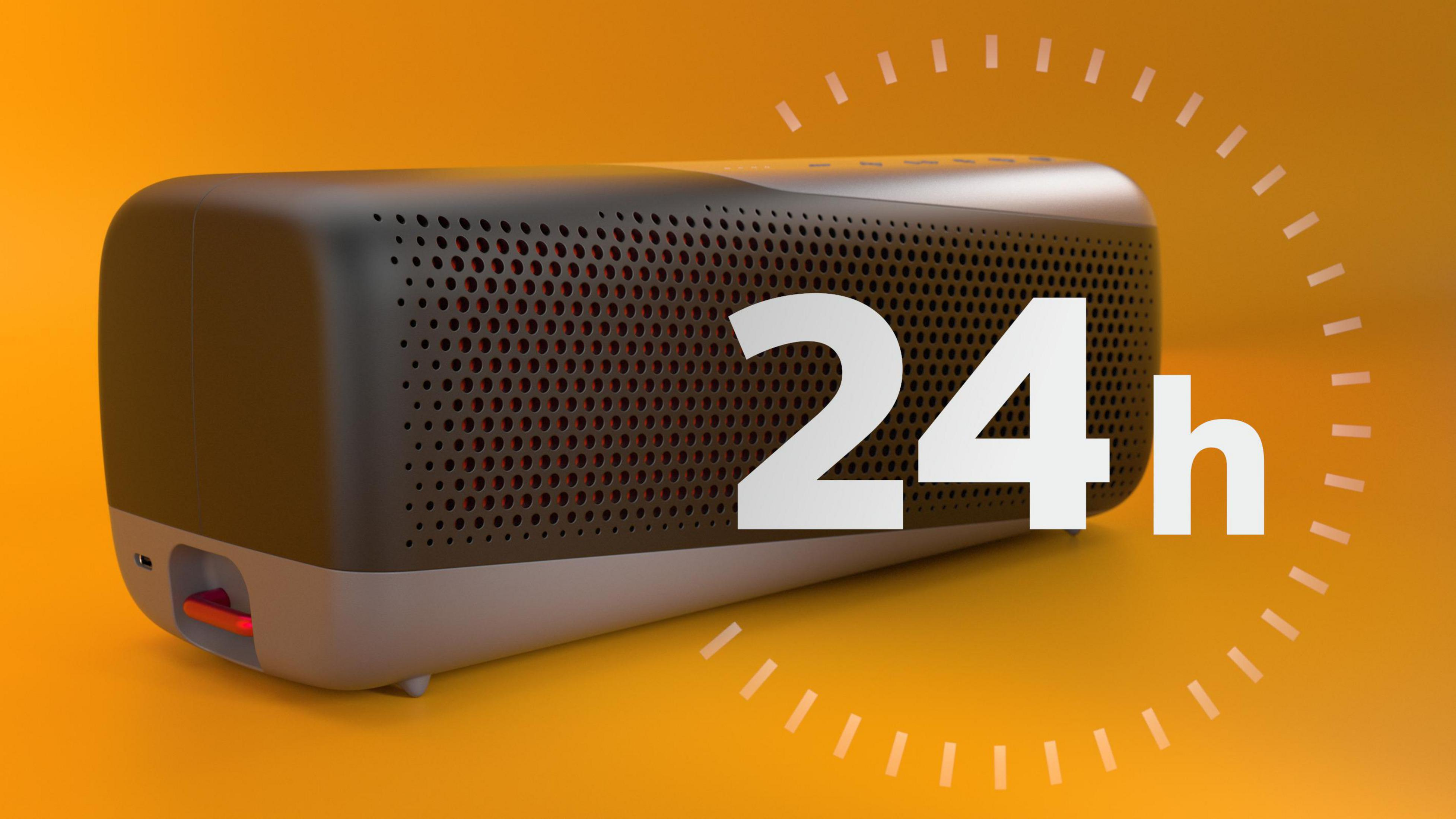 Czarny i szary głośnik z ikoną 24h na pomarańczowym tle.