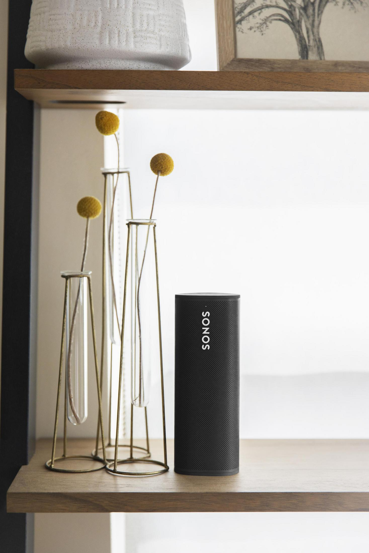Altavoz Sonos negro en una estantería, con flores en jarrones.